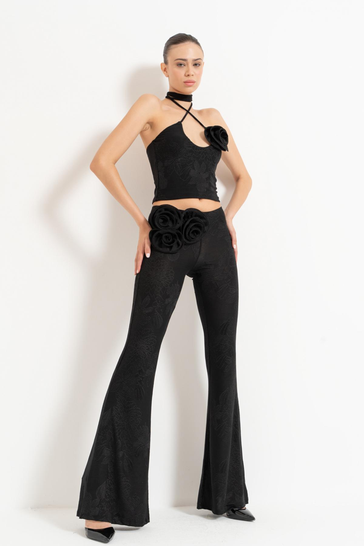Women wholesale black tie-neck rose-accent crop top & pants set 689149