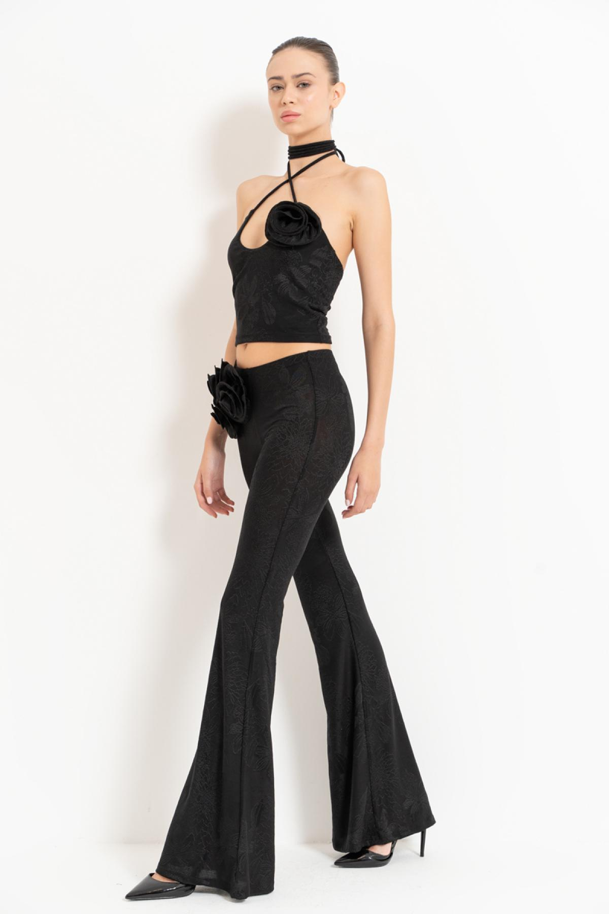 Women wholesale black tie-neck rose-accent crop top & pants set 689149