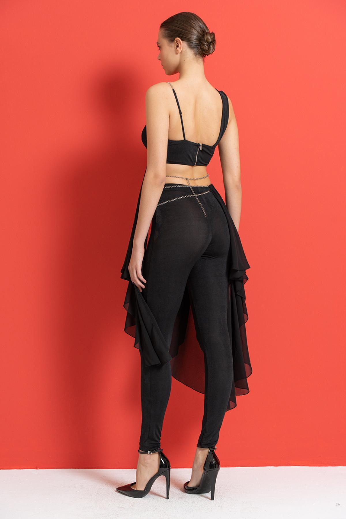 Women wholesale black chain-accent crop top & pants set 689242