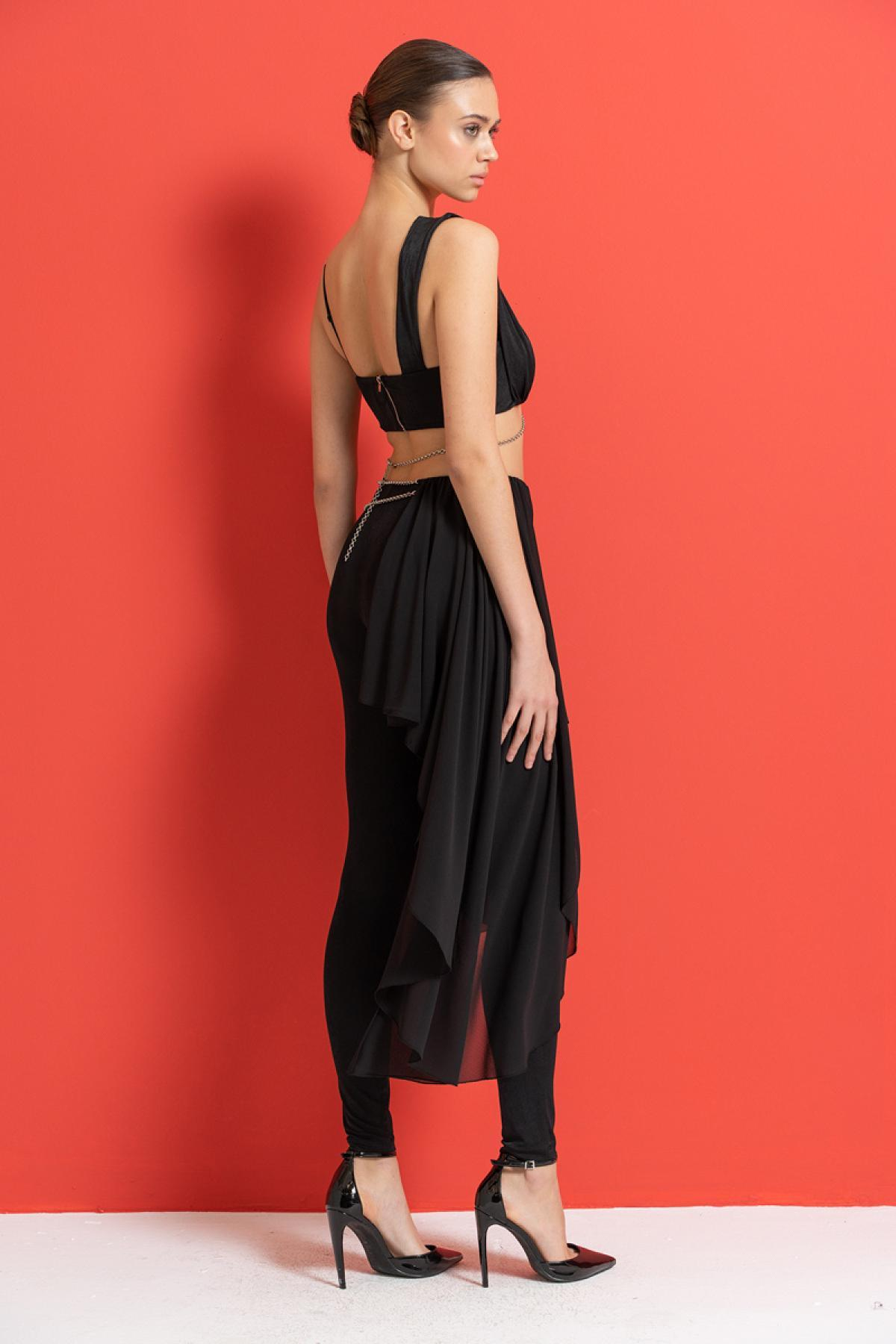 Women wholesale black chain-accent crop top & pants set 689242
