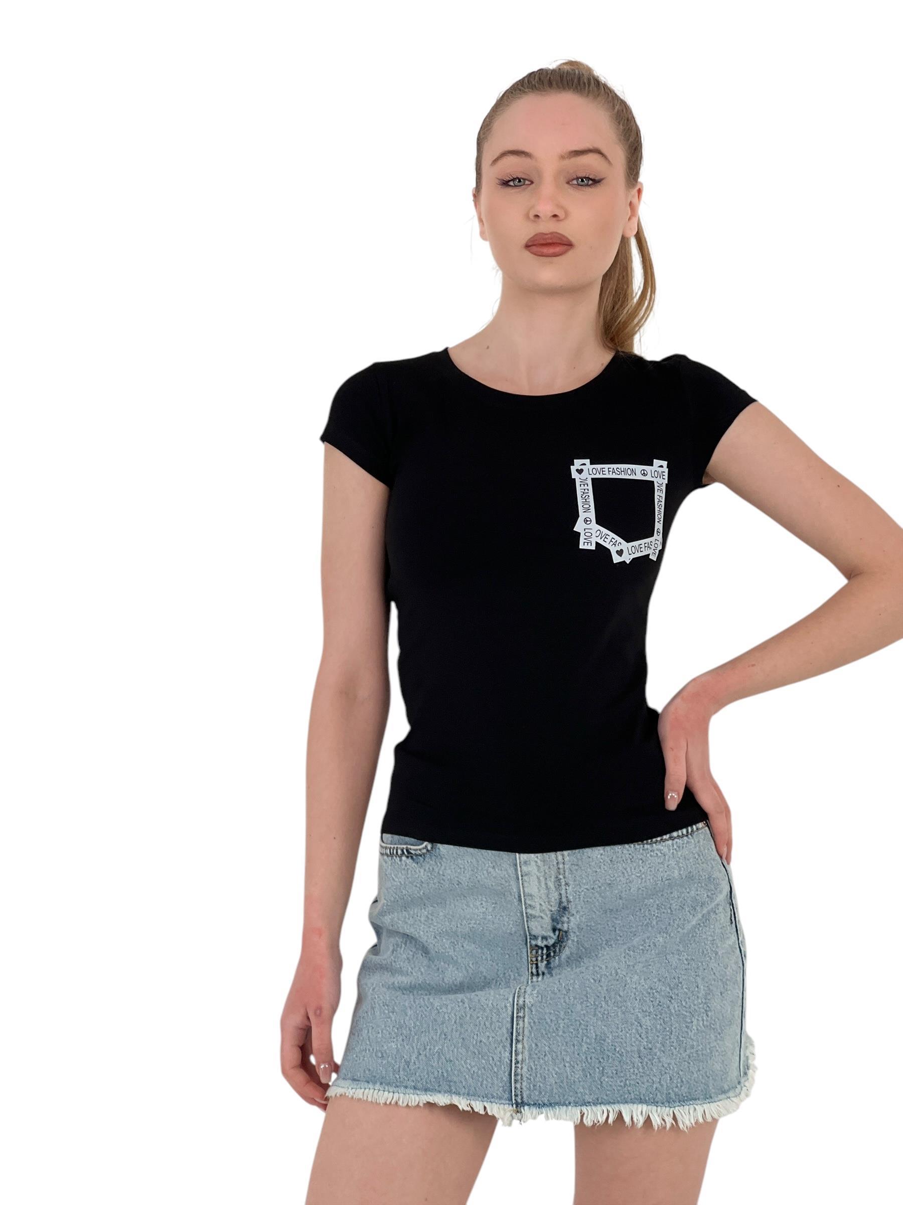 Kadın Yazlık Baskılı Kısa Kollu Dar Siyah Tişört