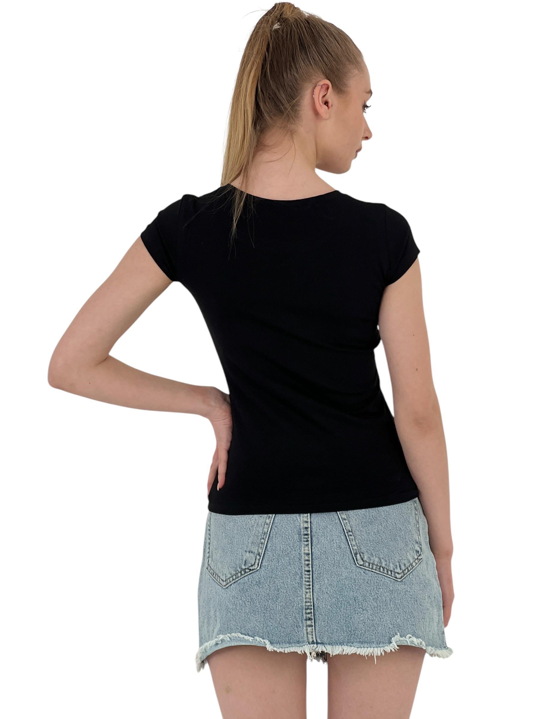 Kadın Yazlık Baskılı Kısa Kollu Dar Siyah Tişört