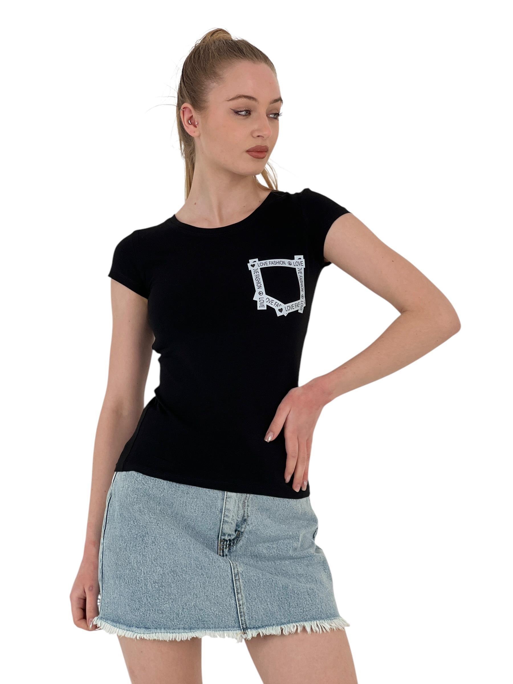 Kadın Yazlık Baskılı Kısa Kollu Dar Siyah Tişört