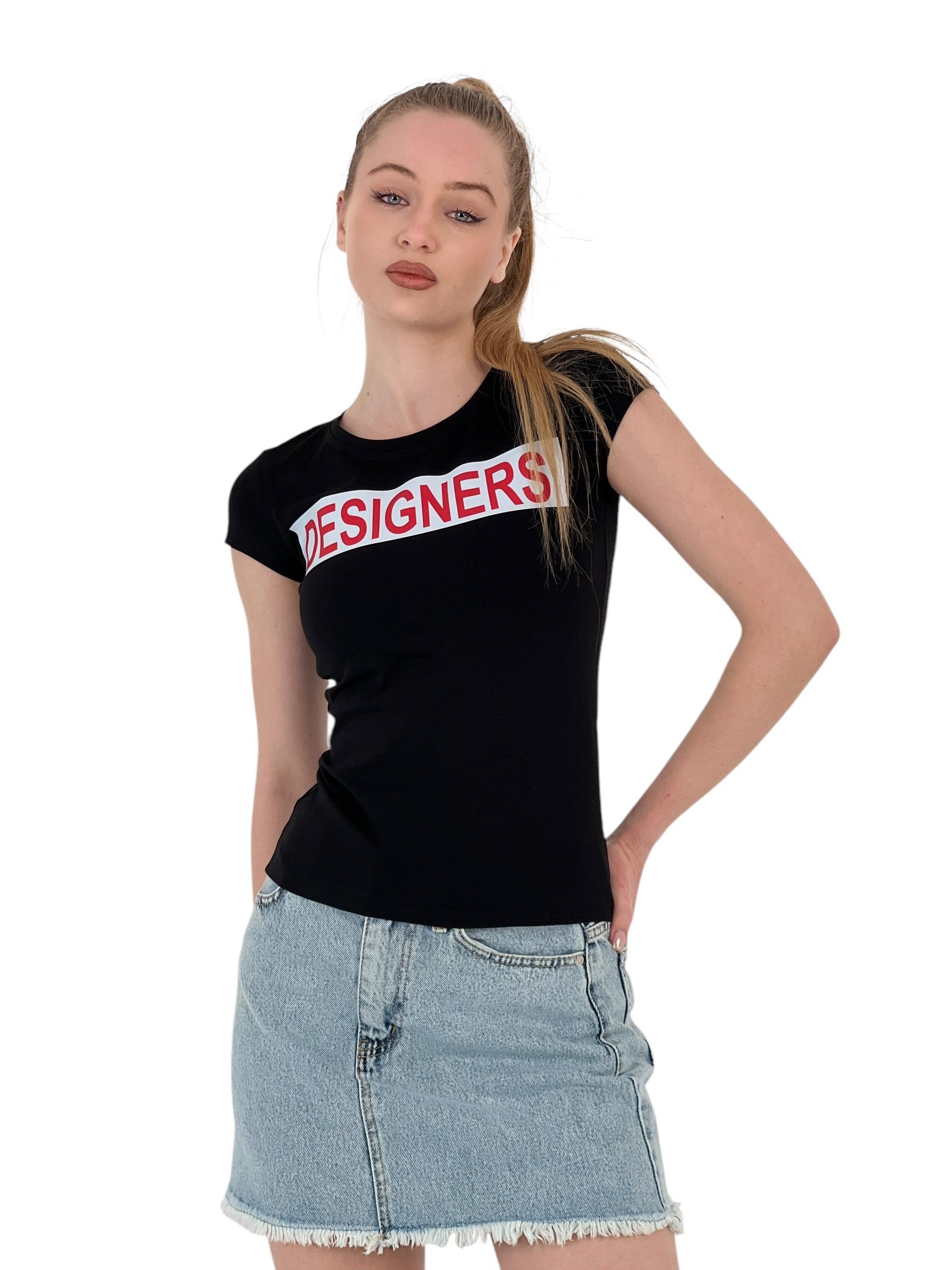 Kadın Yazlık Yazı Baskı Kısa Kol Dar Siyah Tişört