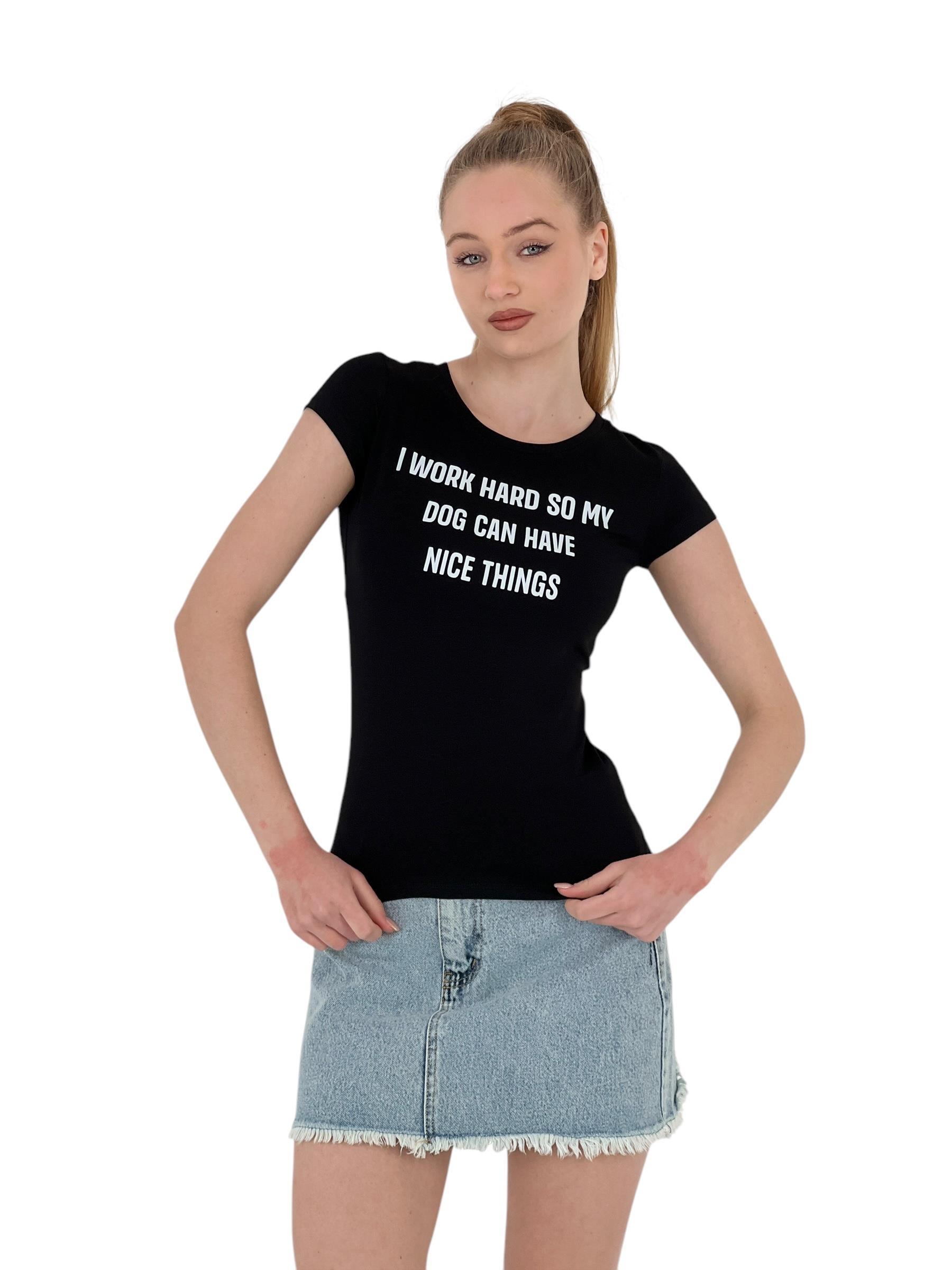 Kadın Yazlık Yazı Baskı Kısa Kol Dar Siyah Tişört