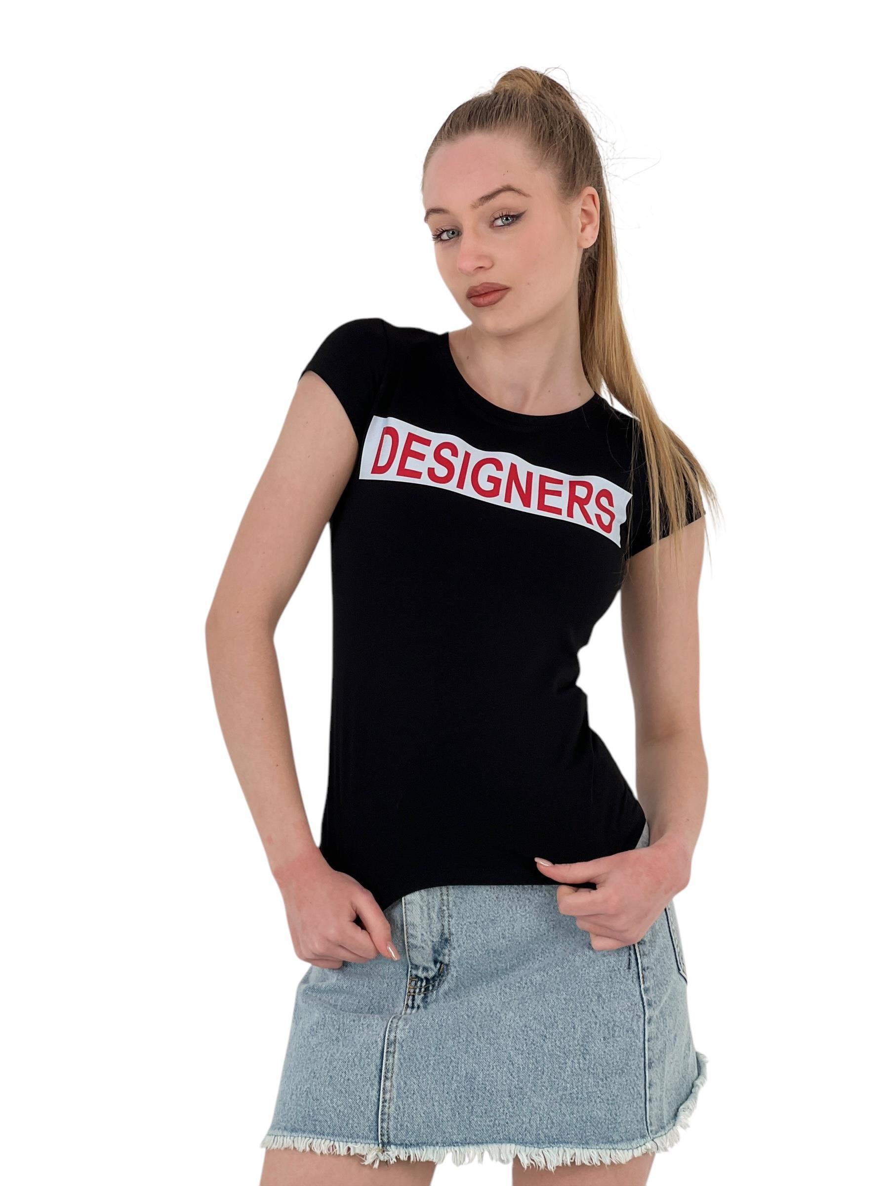 Kadın Yazlık Yazı Baskı Kısa Kol Dar Siyah Tişört