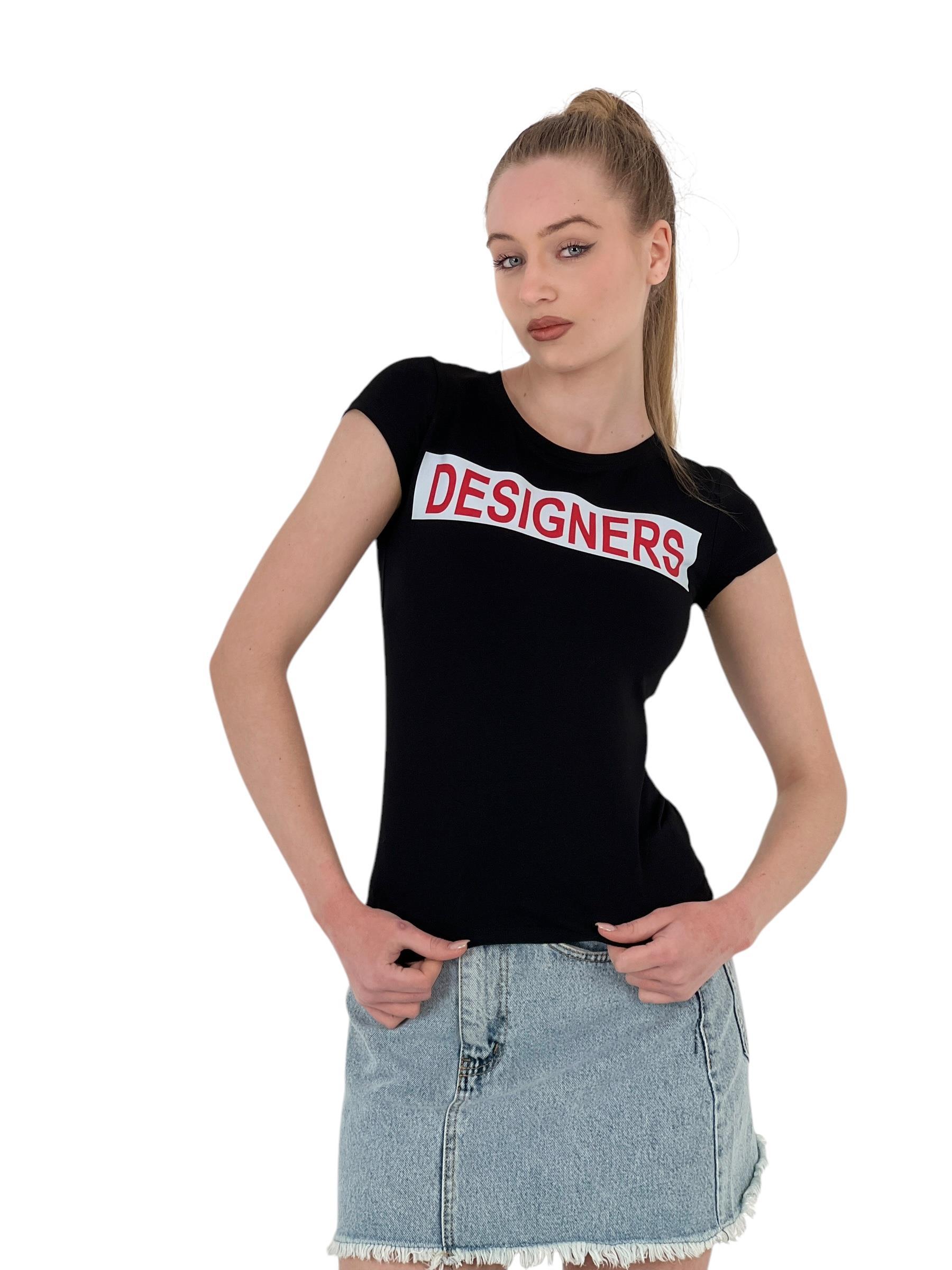 Kadın Yazlık Yazı Baskı Kısa Kol Dar Siyah Tişört