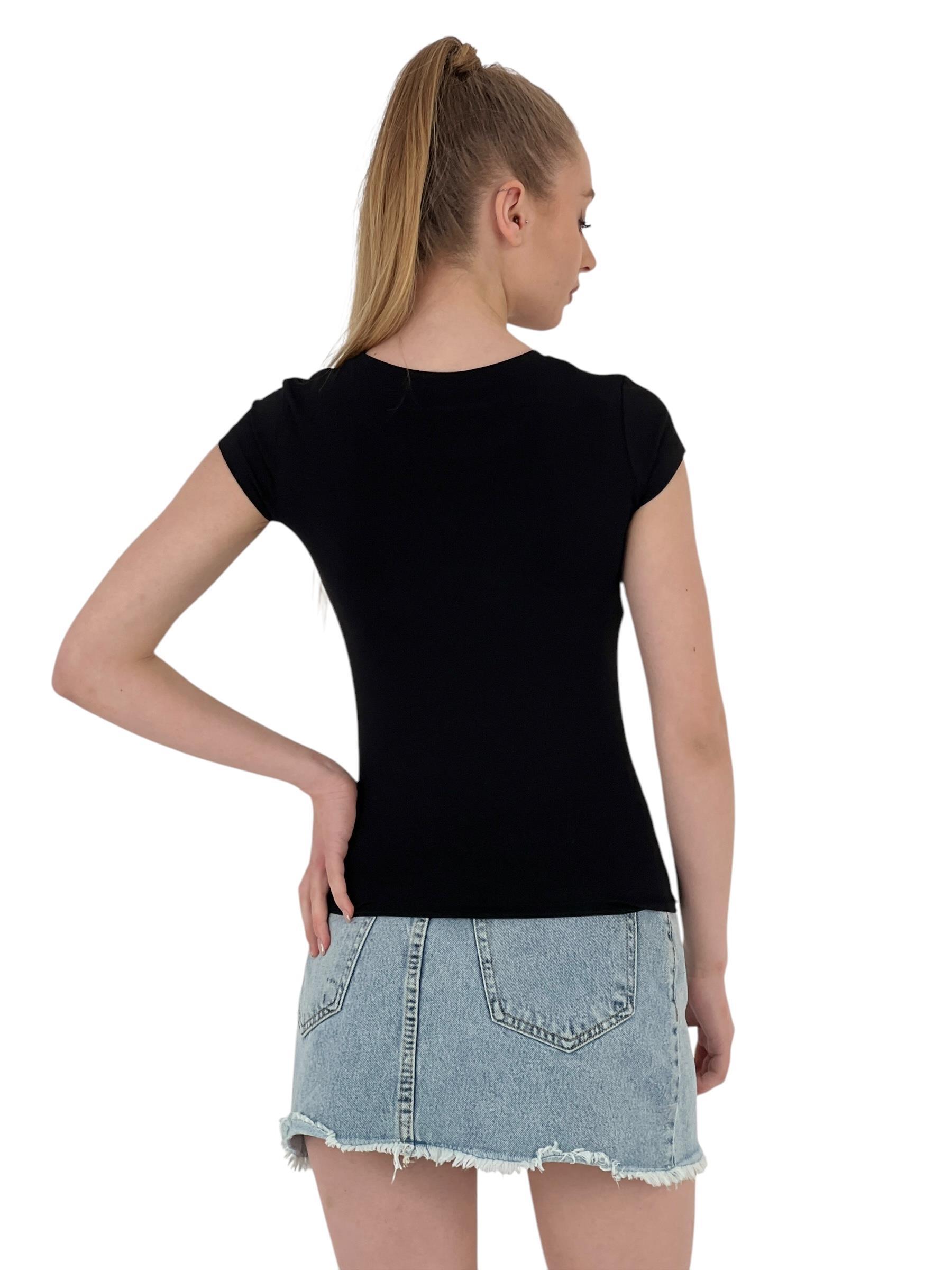 Kadın Yazlık Yazı Baskı Kısa Kol Dar Siyah Tişört