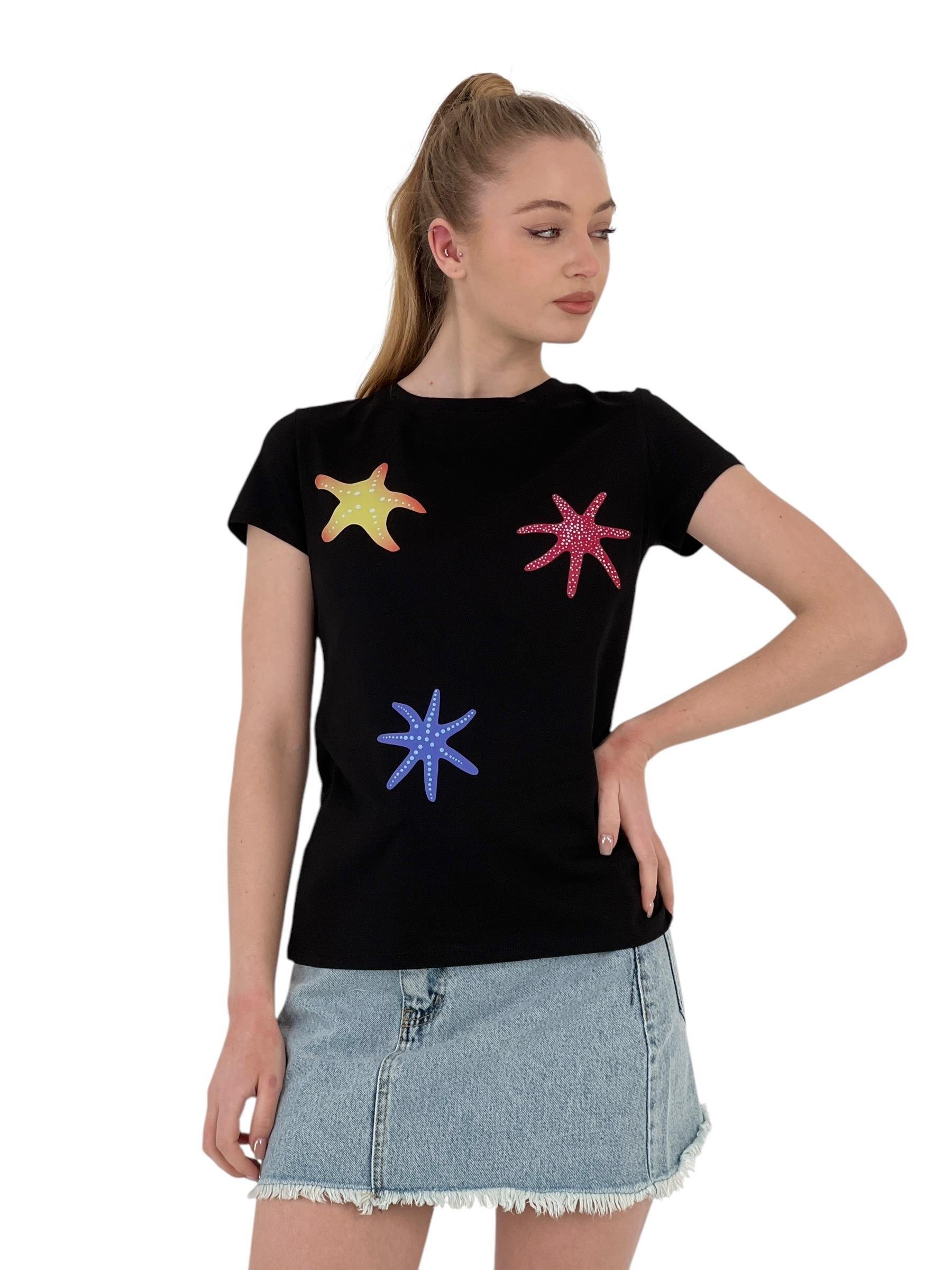 Kadın Yıldız Baskılı Kısa Kollu Yazlık Siyah Tişört