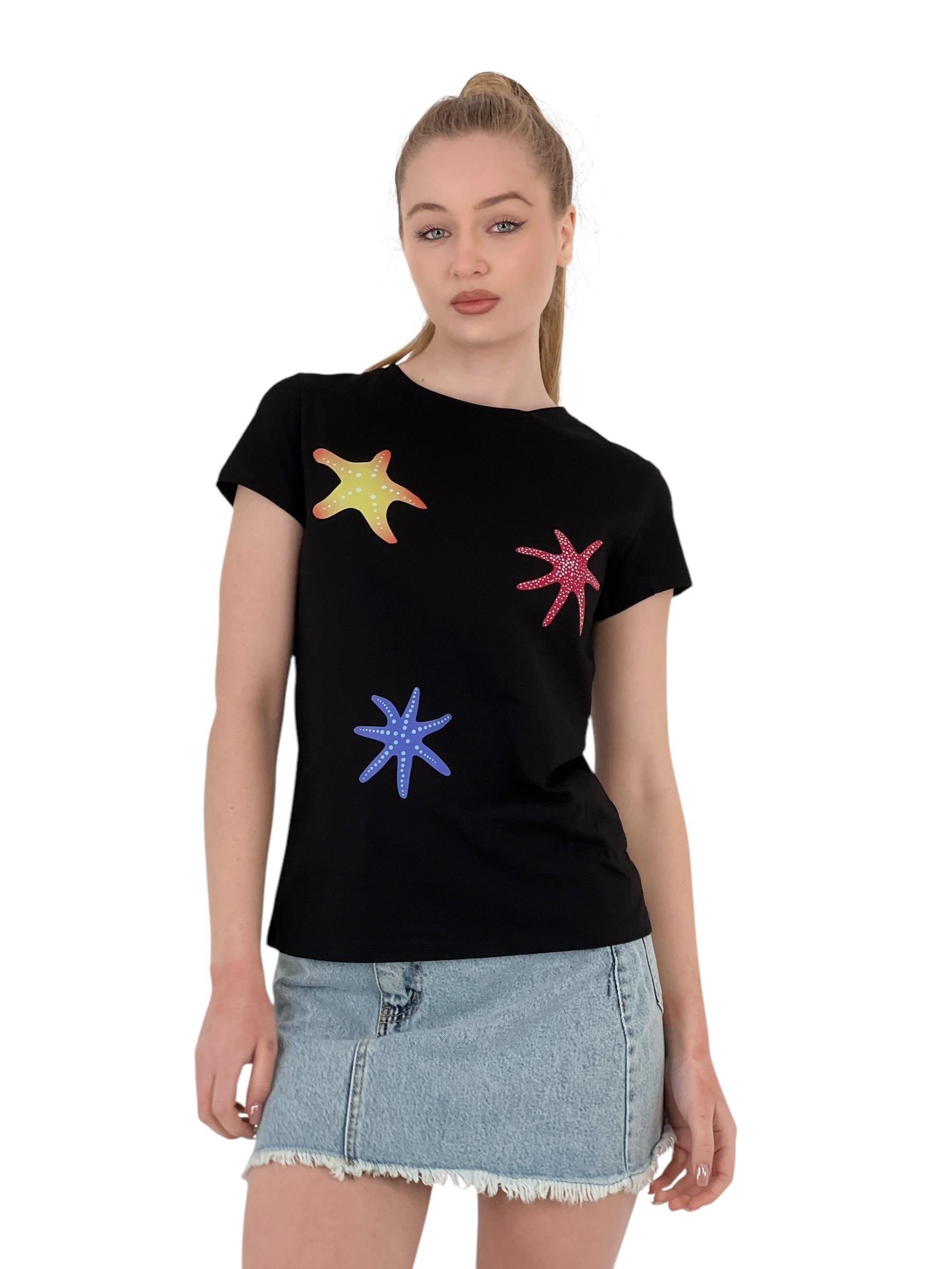 Kadın Yıldız Baskılı Kısa Kollu Yazlık Siyah Tişört