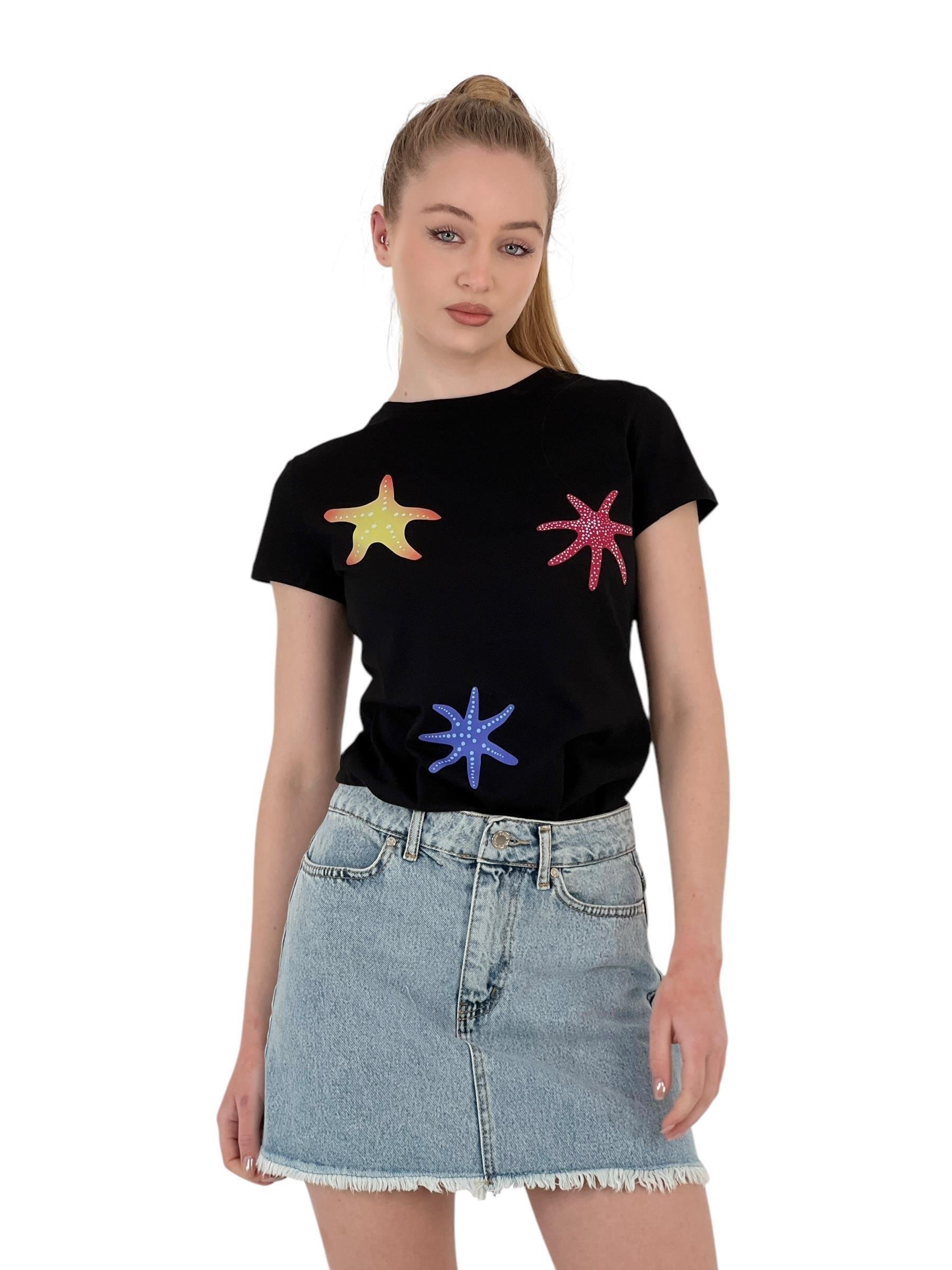 Kadın Yıldız Baskılı Kısa Kollu Yazlık Siyah Tişört