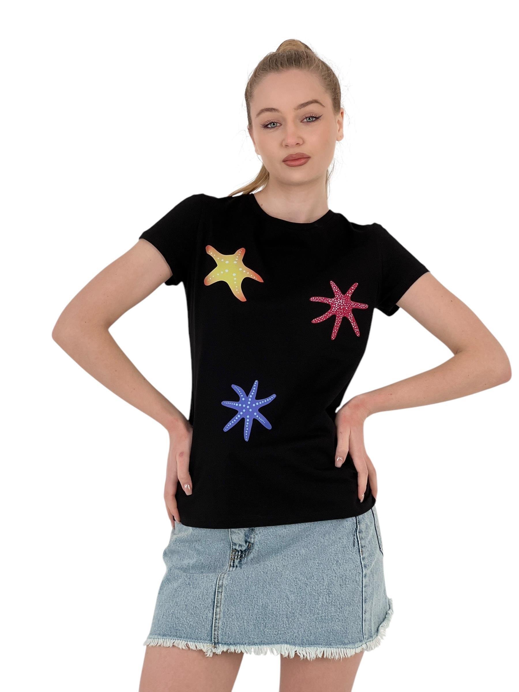 Kadın Yıldız Baskılı Kısa Kollu Yazlık Siyah Tişört