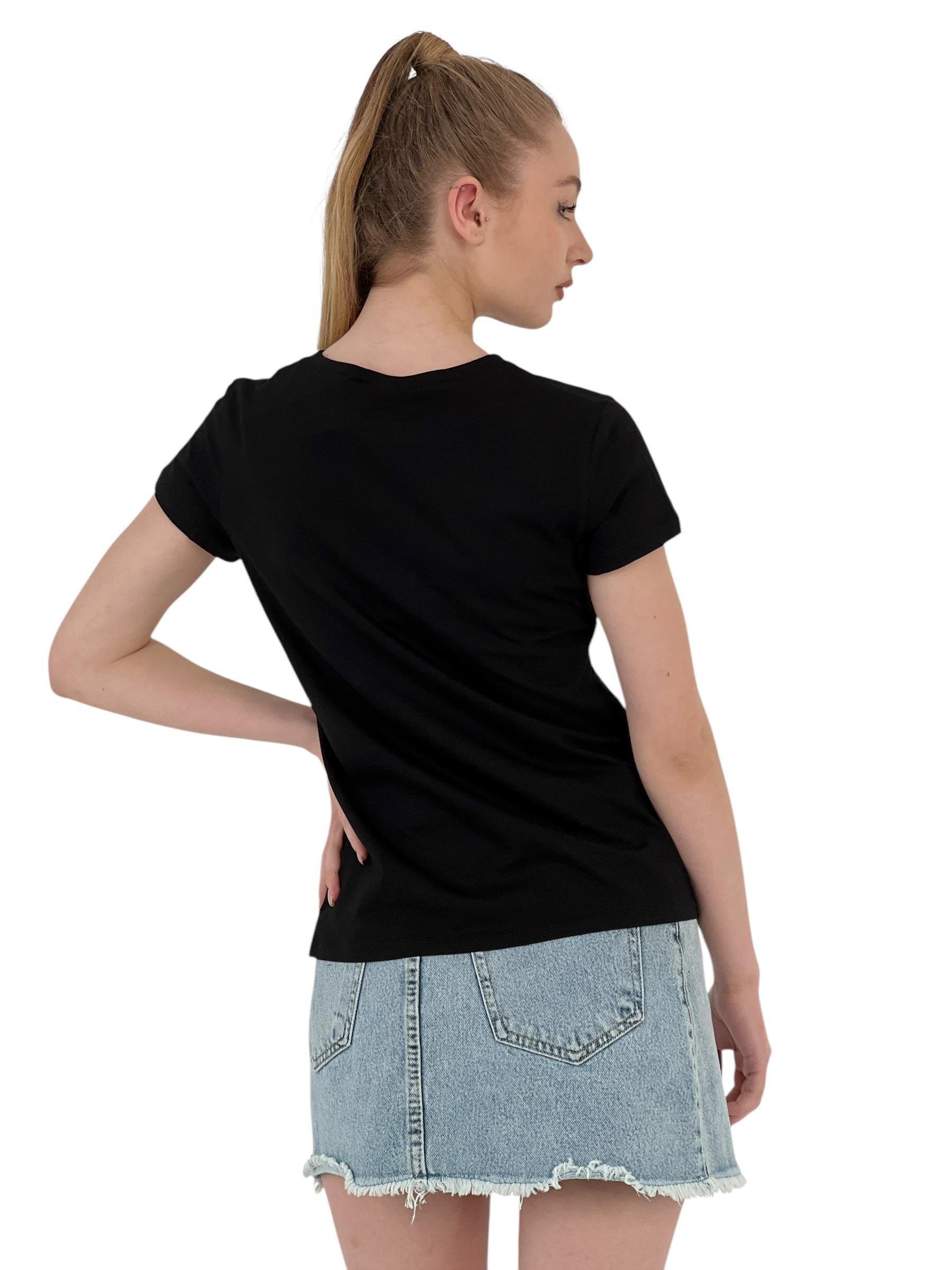 Kadın Yıldız Baskılı Kısa Kollu Yazlık Siyah Tişört