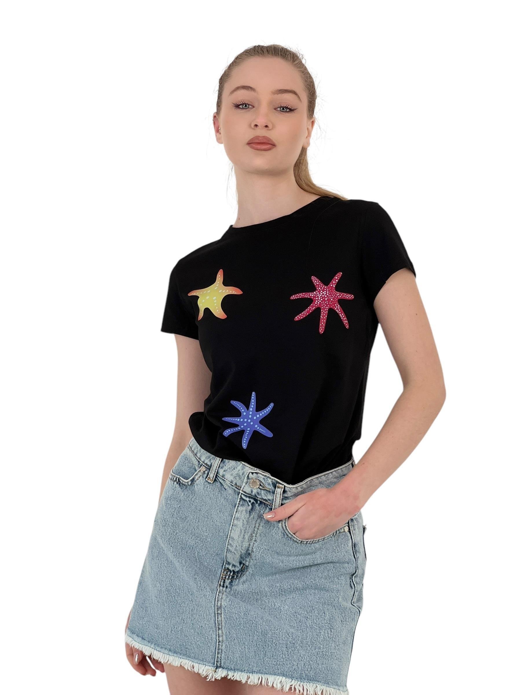 Kadın Yıldız Baskılı Kısa Kollu Yazlık Siyah Tişört