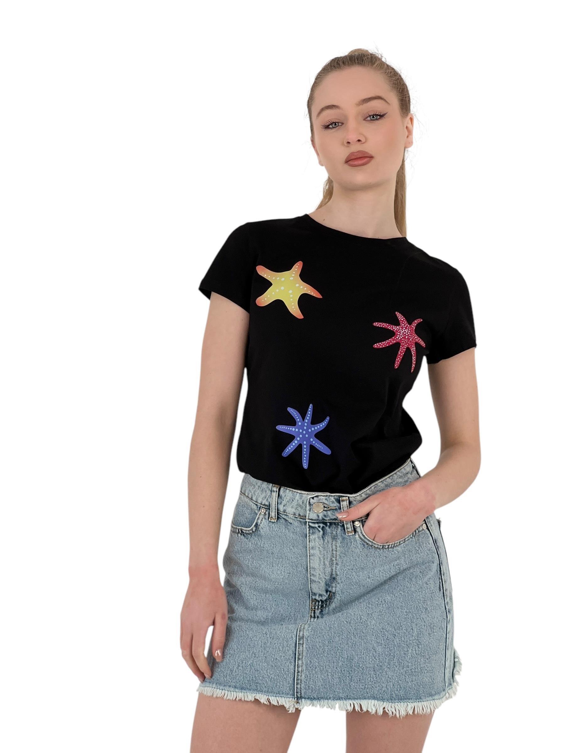 Kadın Yıldız Baskılı Kısa Kollu Yazlık Siyah Tişört