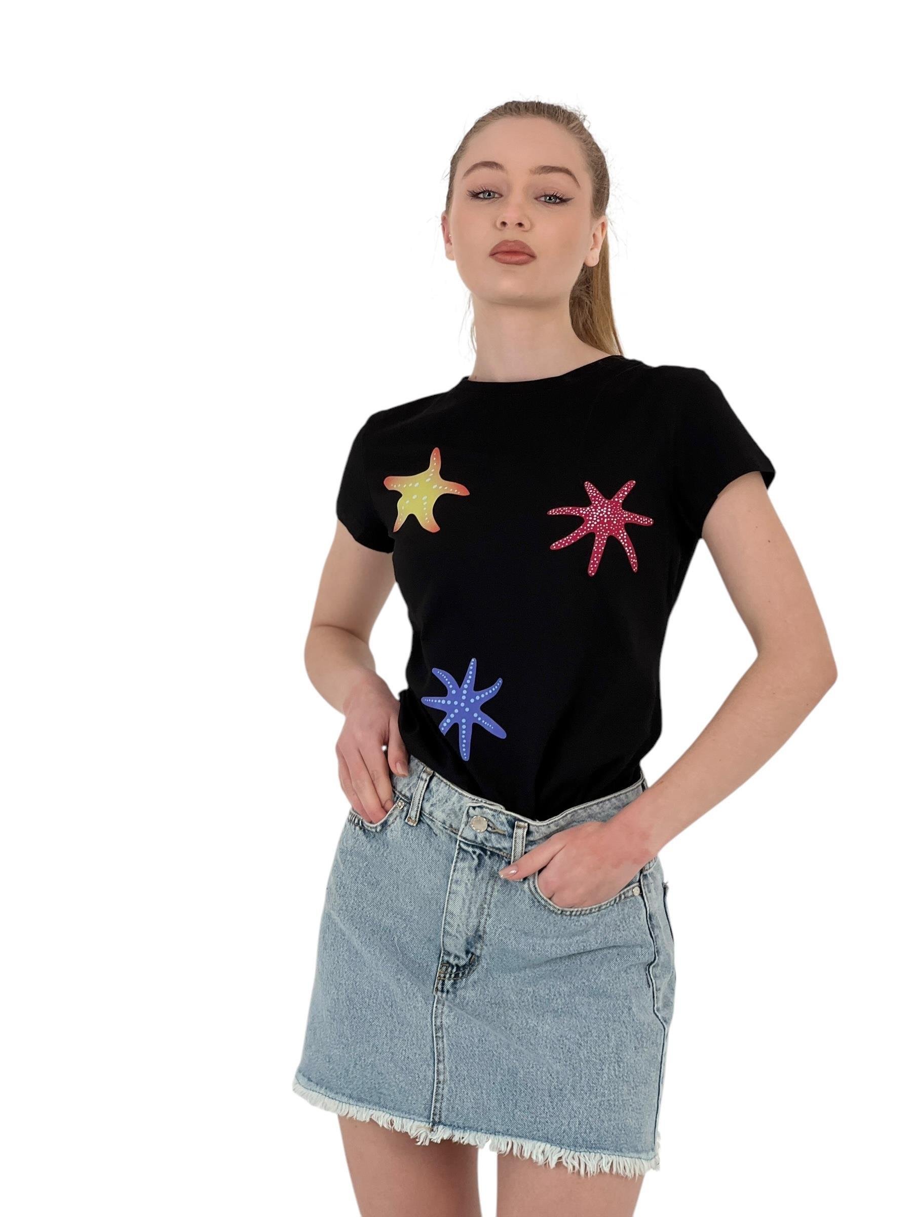 Kadın Yıldız Baskılı Kısa Kollu Yazlık Siyah Tişört