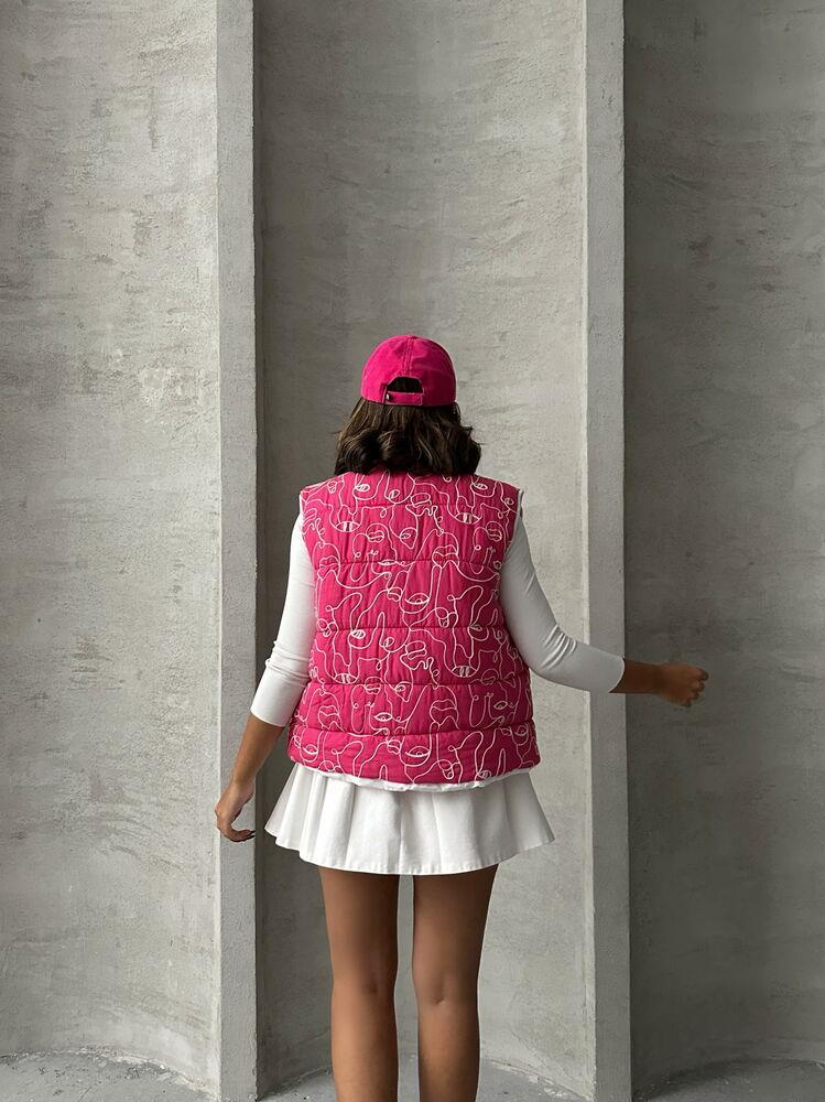 Karışık Baskı Desenli Elyaflı Şişme Toptan Yelek - Fuşya | TOPSHOW