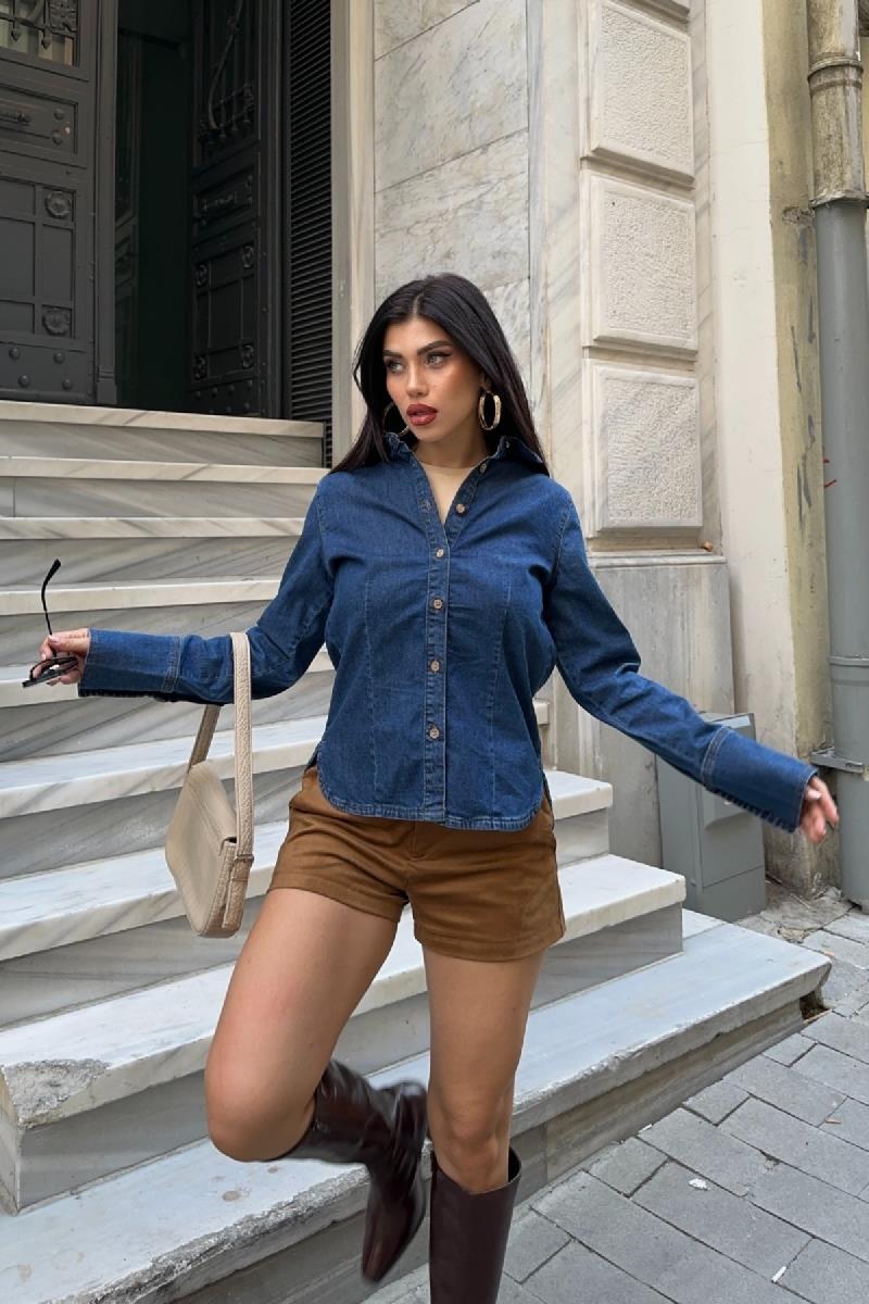 Kol Manşet Detaylı Kot Gömlek 6150-26-(S-XL)