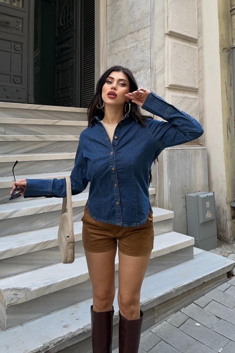Kol Manşet Detaylı Kot Gömlek 6150-26-(S-XL)