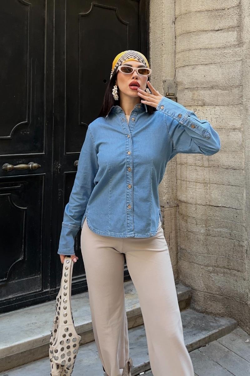 Kol Manşet Detaylı Kot Gömlek 6150-26-(S-XL)
