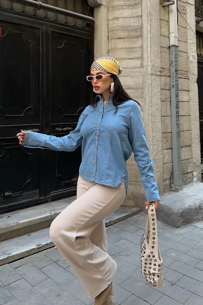 Kol Manşet Detaylı Kot Gömlek 6150-26-(S-XL)