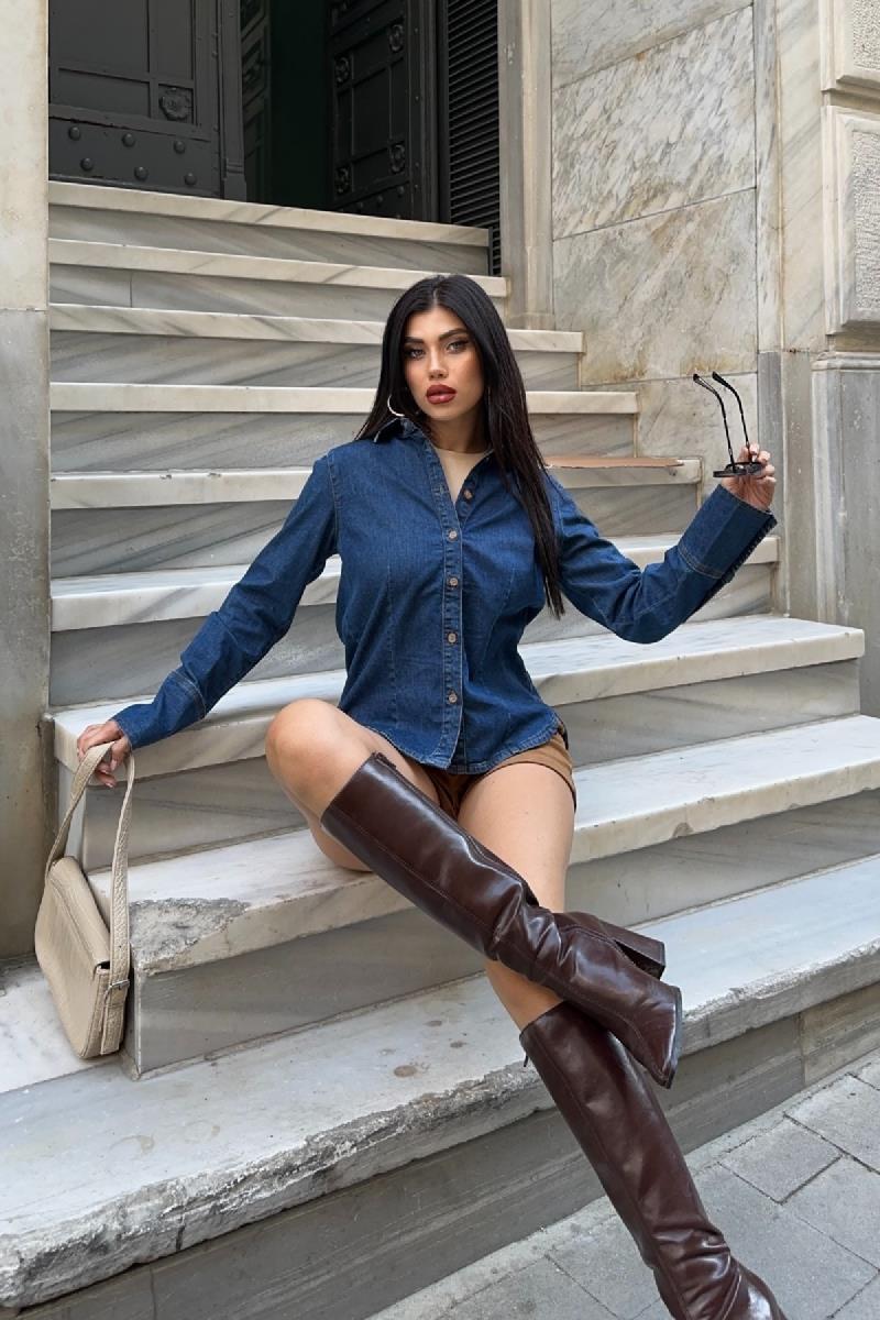 Kol Manşet Detaylı Kot Gömlek 6150-26-(S-XL)