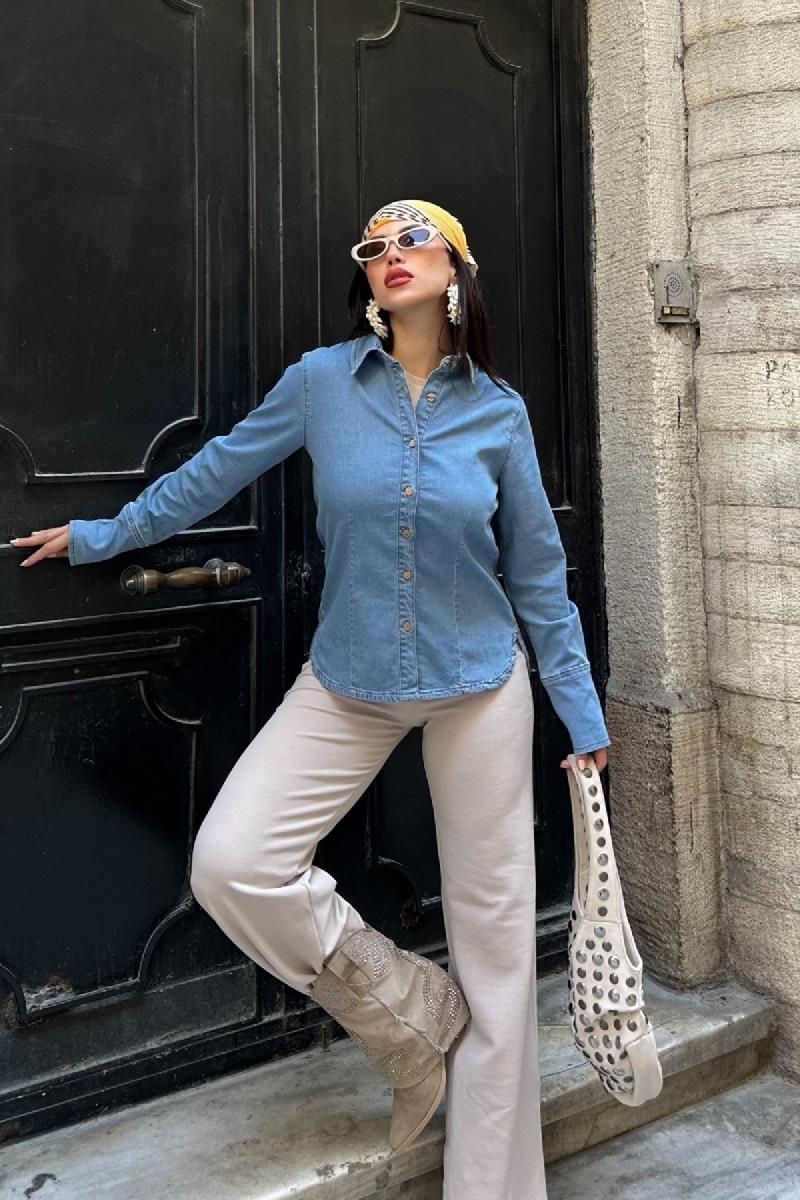 Kol Manşet Detaylı Kot Gömlek 6150-26-(S-XL)