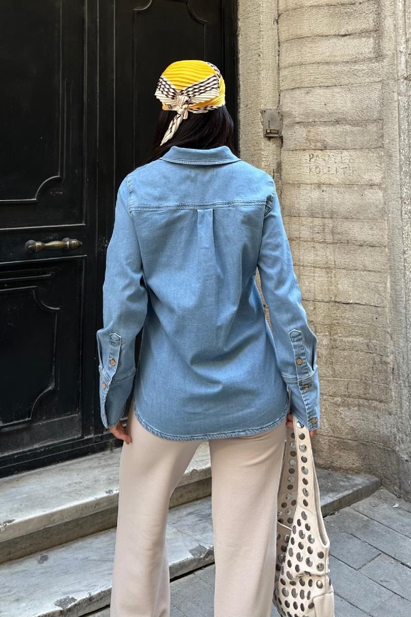 Kol Manşet Detaylı Kot Gömlek 6150-26-(S-XL)