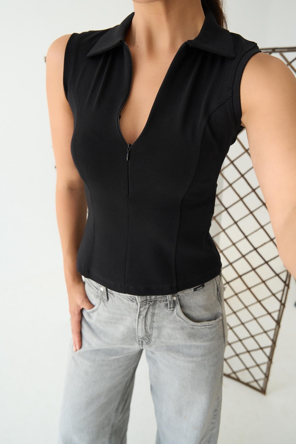 Kolsuz Fermuarlı Body - Siyah