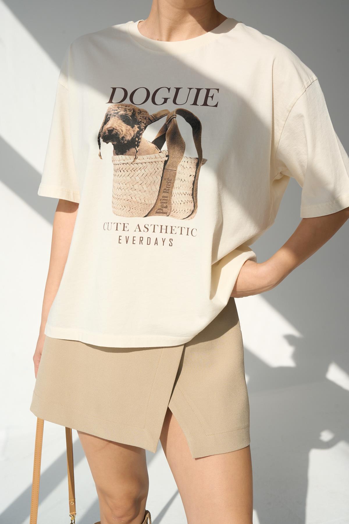 Köpek Baskılı T-Shirt - Ekru