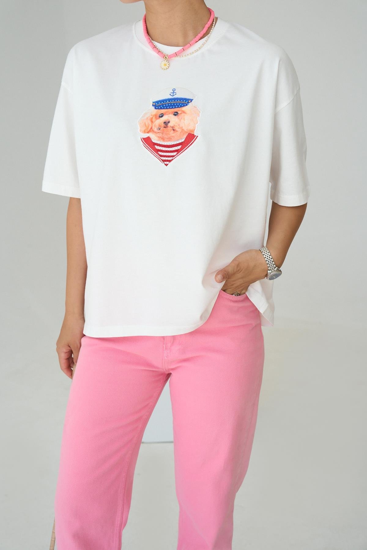 Köpek Nakışlı T-Shirt - Krem
