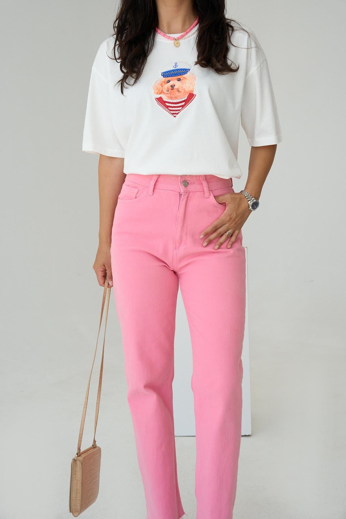 Köpek Nakışlı T-Shirt - Krem