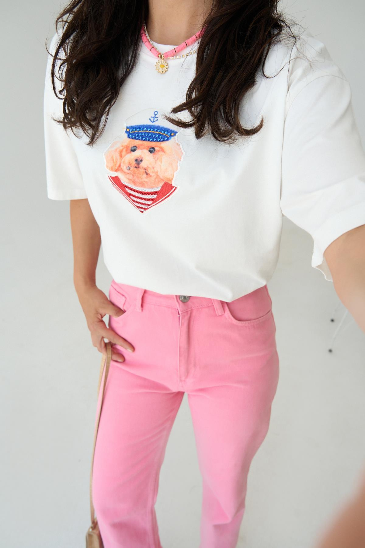 Köpek Nakışlı T-Shirt - Krem