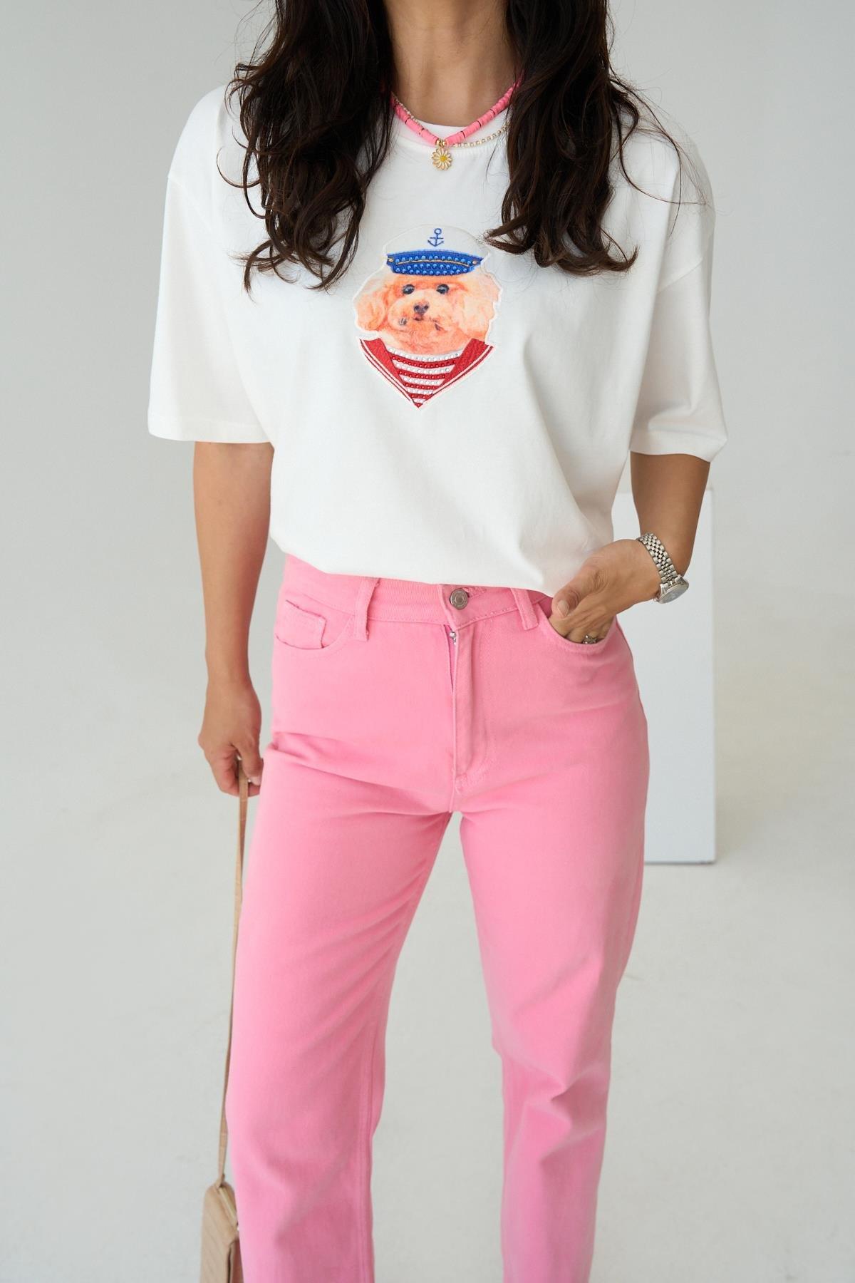 Köpek Nakışlı T-Shirt - Krem
