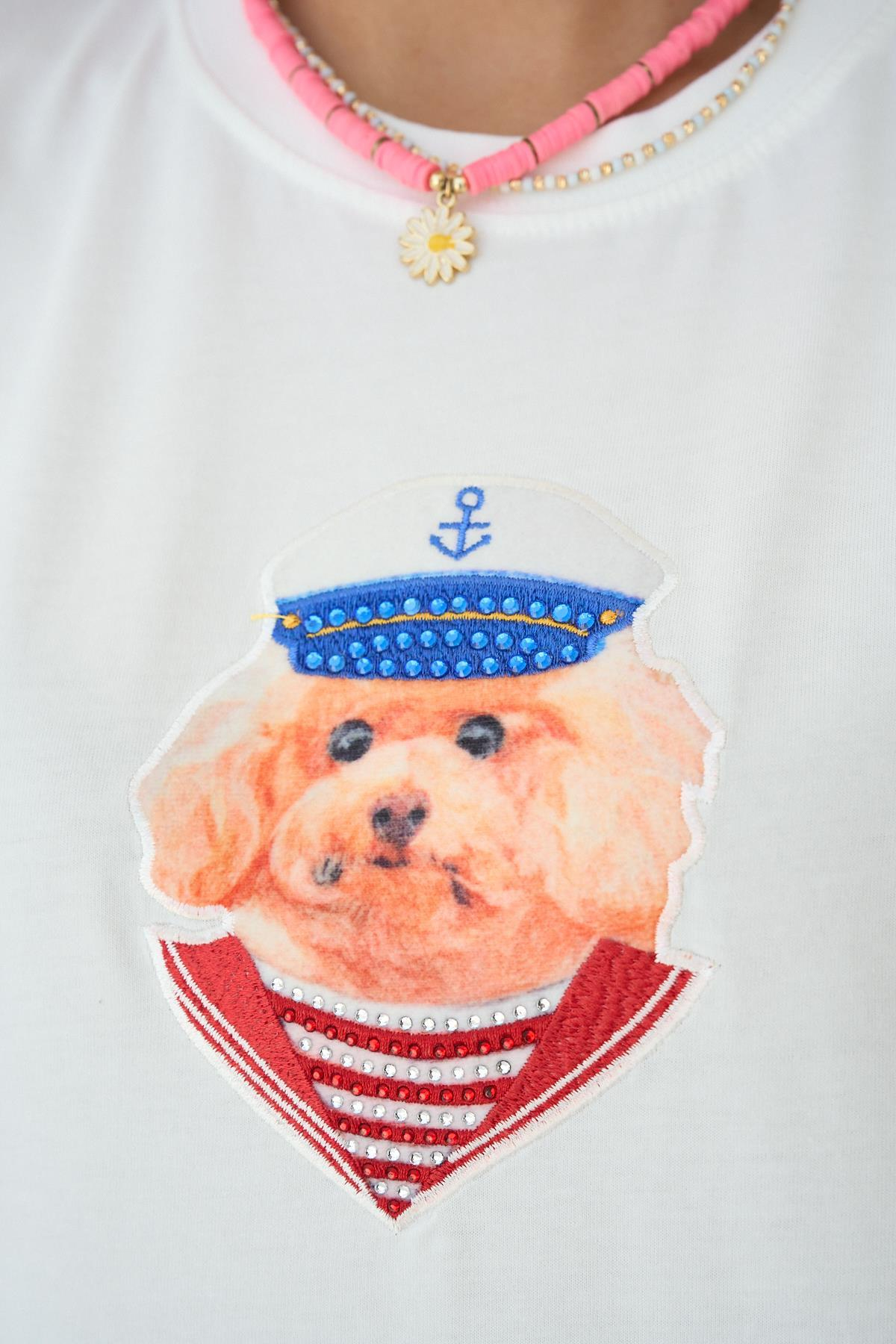Köpek Nakışlı T-Shirt - Krem