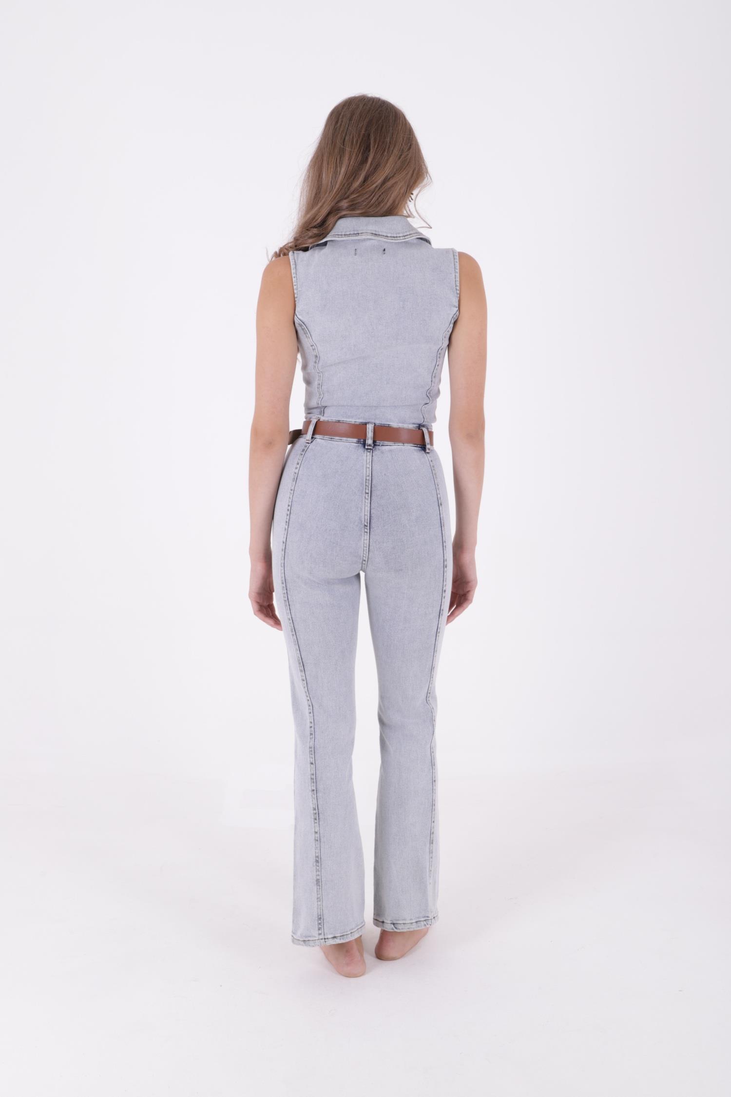 Kuplu Kolsuz Fermuarlı Kot Tulum 3013-08-(S-XL)