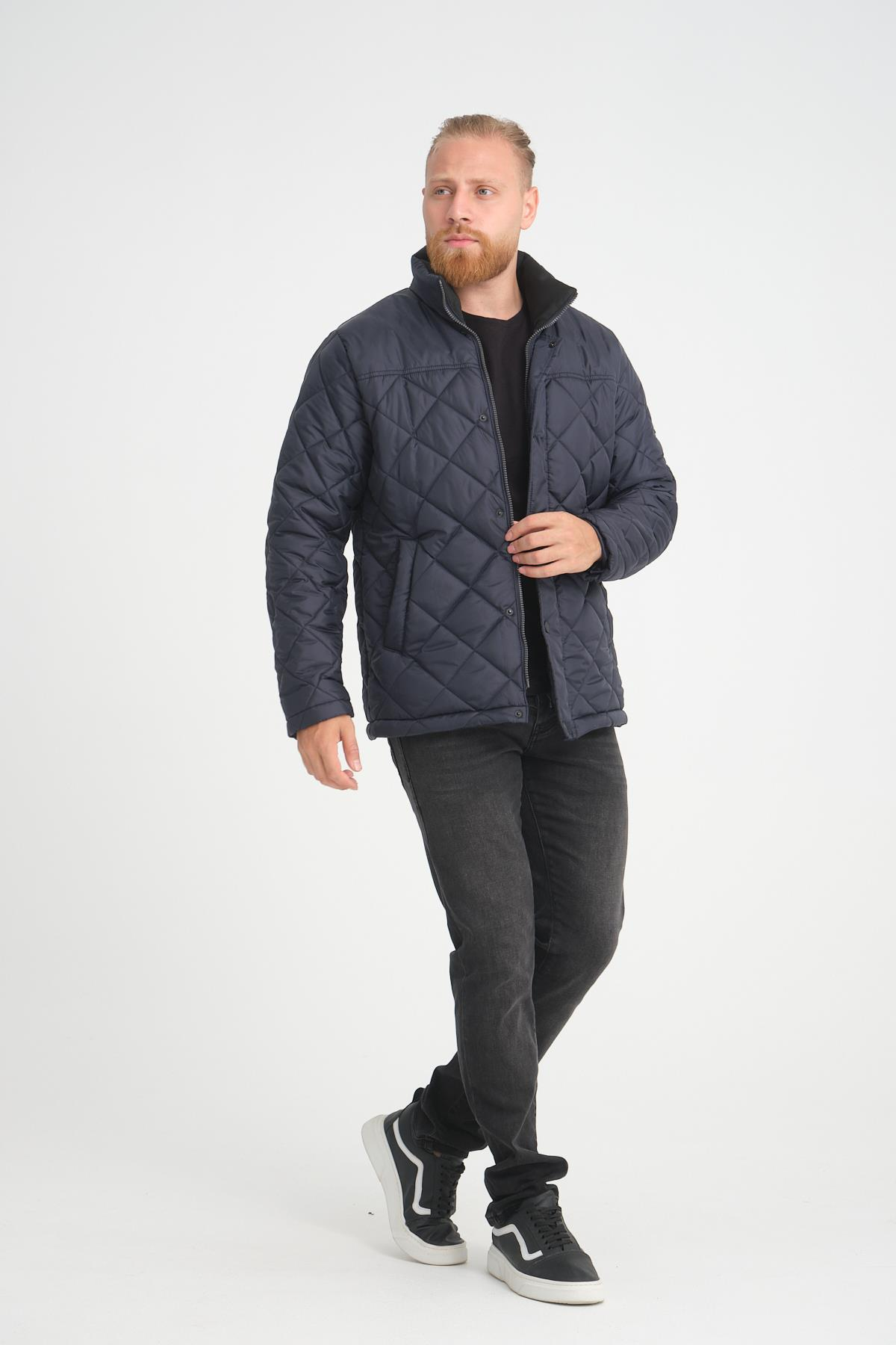 Wholesale Navy Diamond Pattern Puffer Stand Collar Jacket 3025L