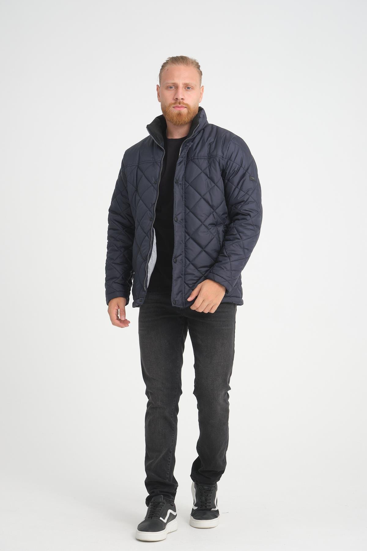 Wholesale Navy Diamond Pattern Puffer Stand Collar Jacket 3025L