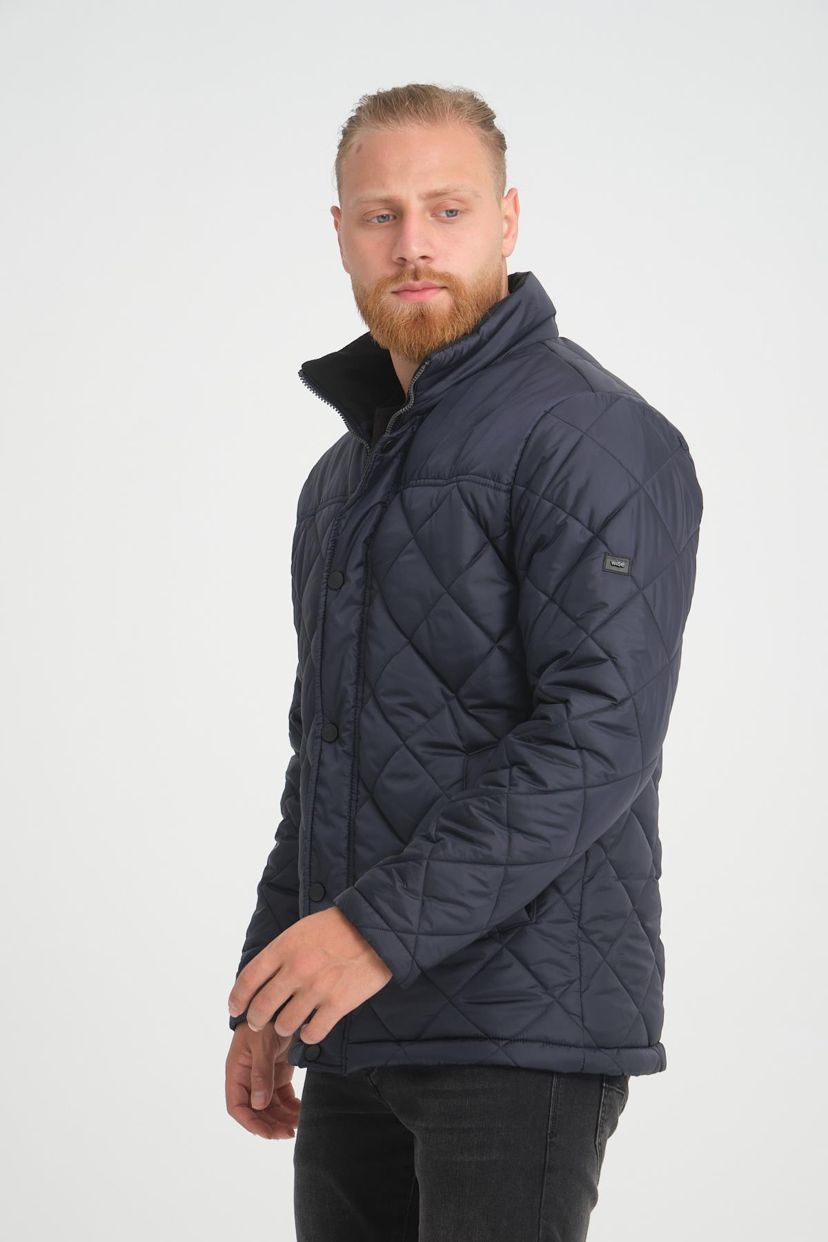 Wholesale Navy Diamond Pattern Puffer Stand Collar Jacket 3025L