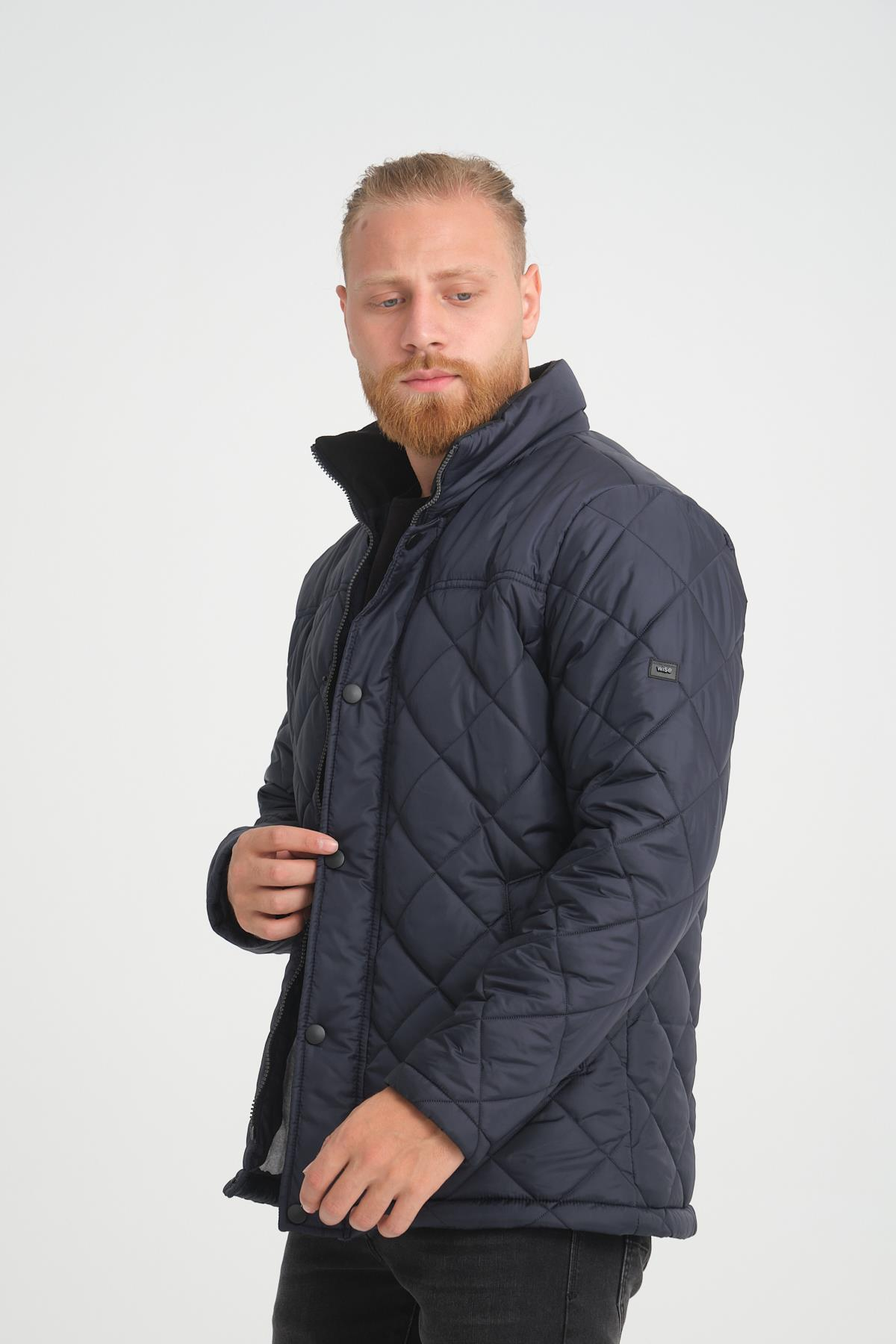 Wholesale Navy Diamond Pattern Puffer Stand Collar Jacket 3025L