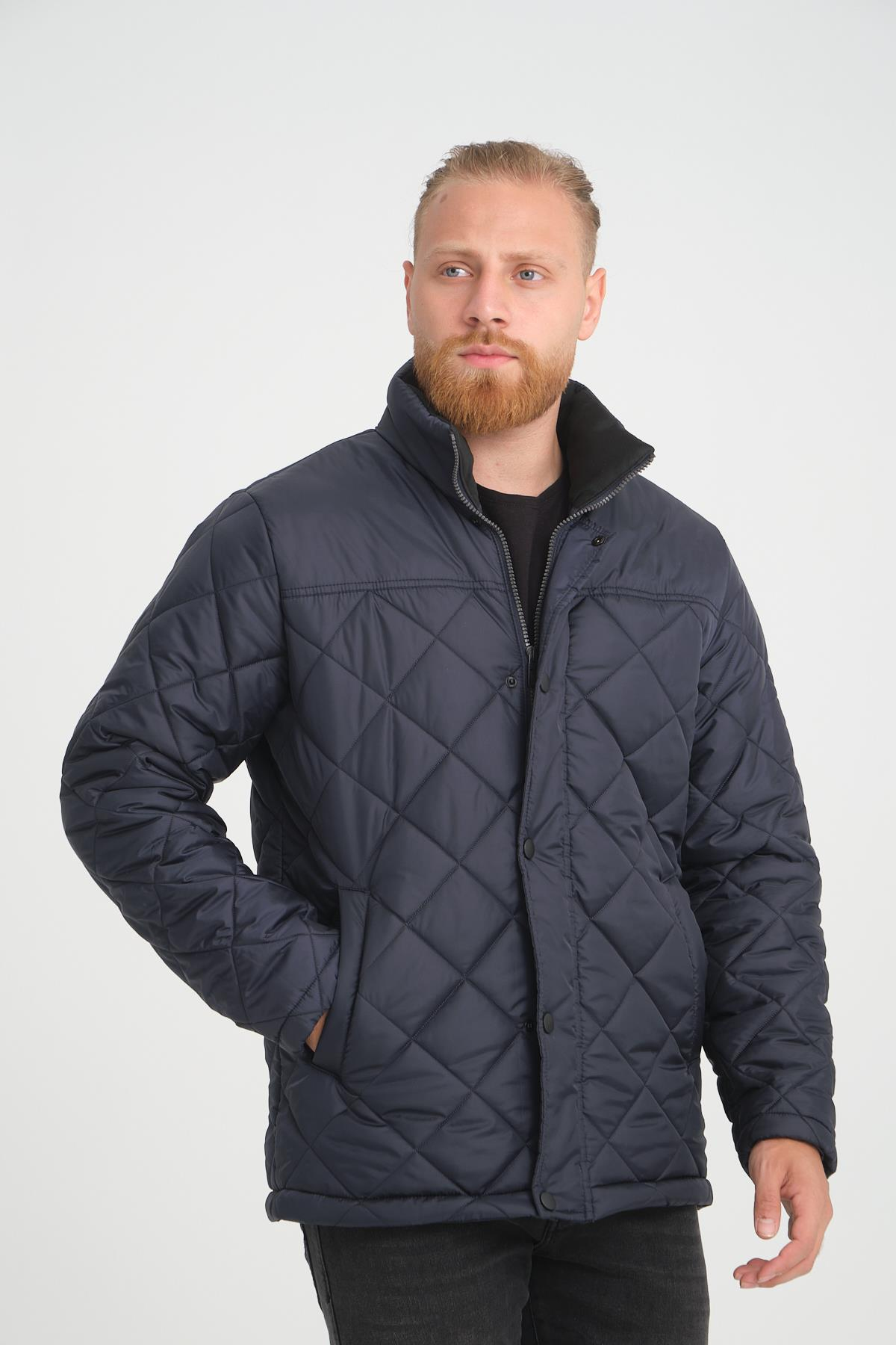 Wholesale Navy Diamond Pattern Puffer Stand Collar Jacket 3025L