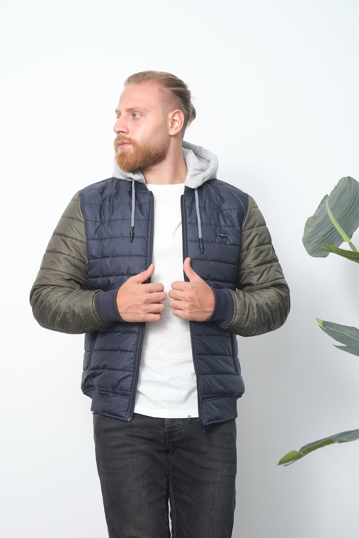 Wholesale Navy Two-Tone Puffer Detachable Hood Jacket 45761L