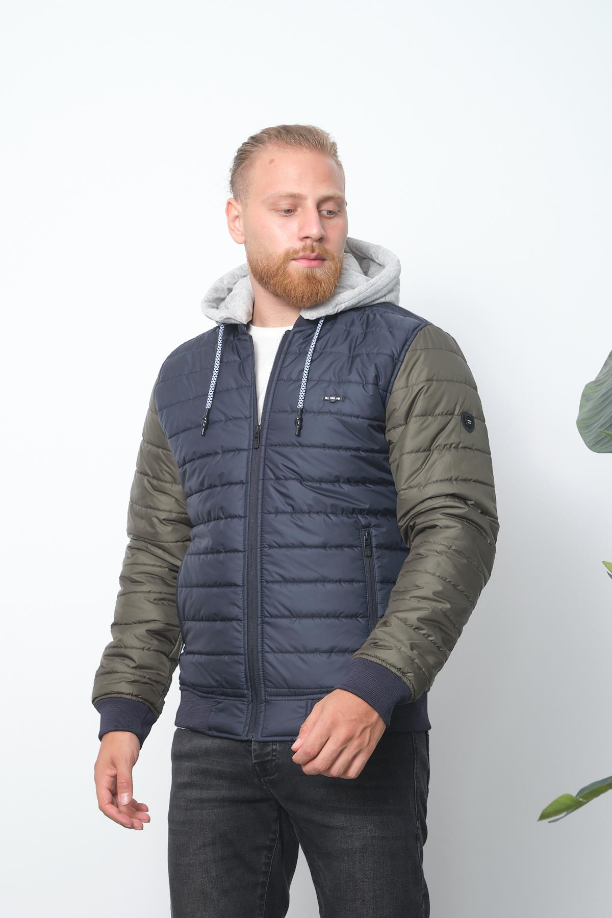 Wholesale Navy Two-Tone Puffer Detachable Hood Jacket 45761L