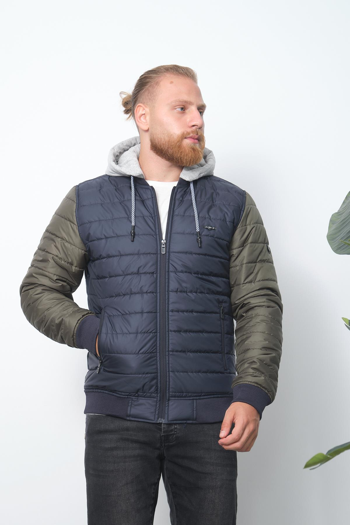 Wholesale Navy Two-Tone Puffer Detachable Hood Jacket 45761L