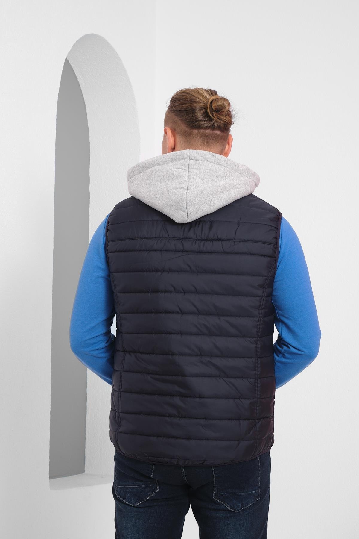 Wholesale Navy Detachable Hood Jersey Lined Puffer Vest 3515L