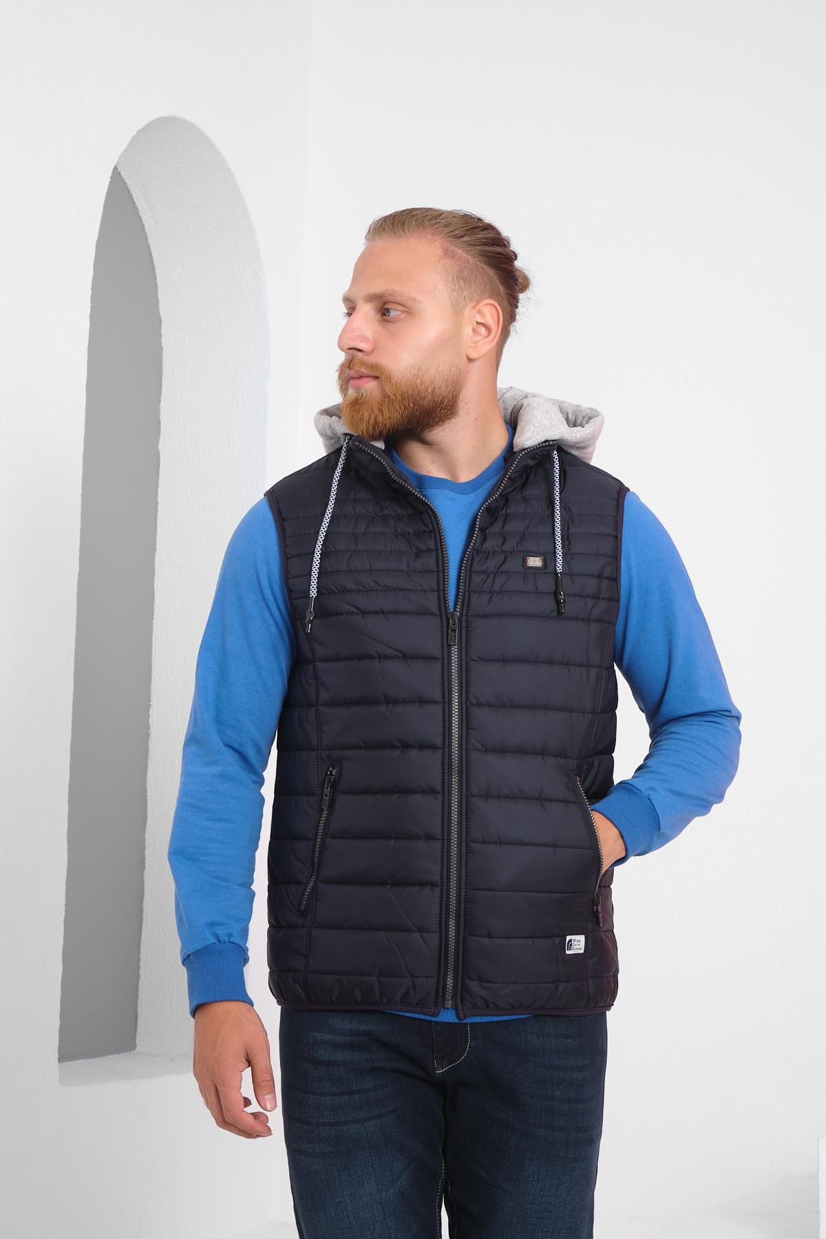 Wholesale Navy Detachable Hood Jersey Lined Puffer Vest 3515L