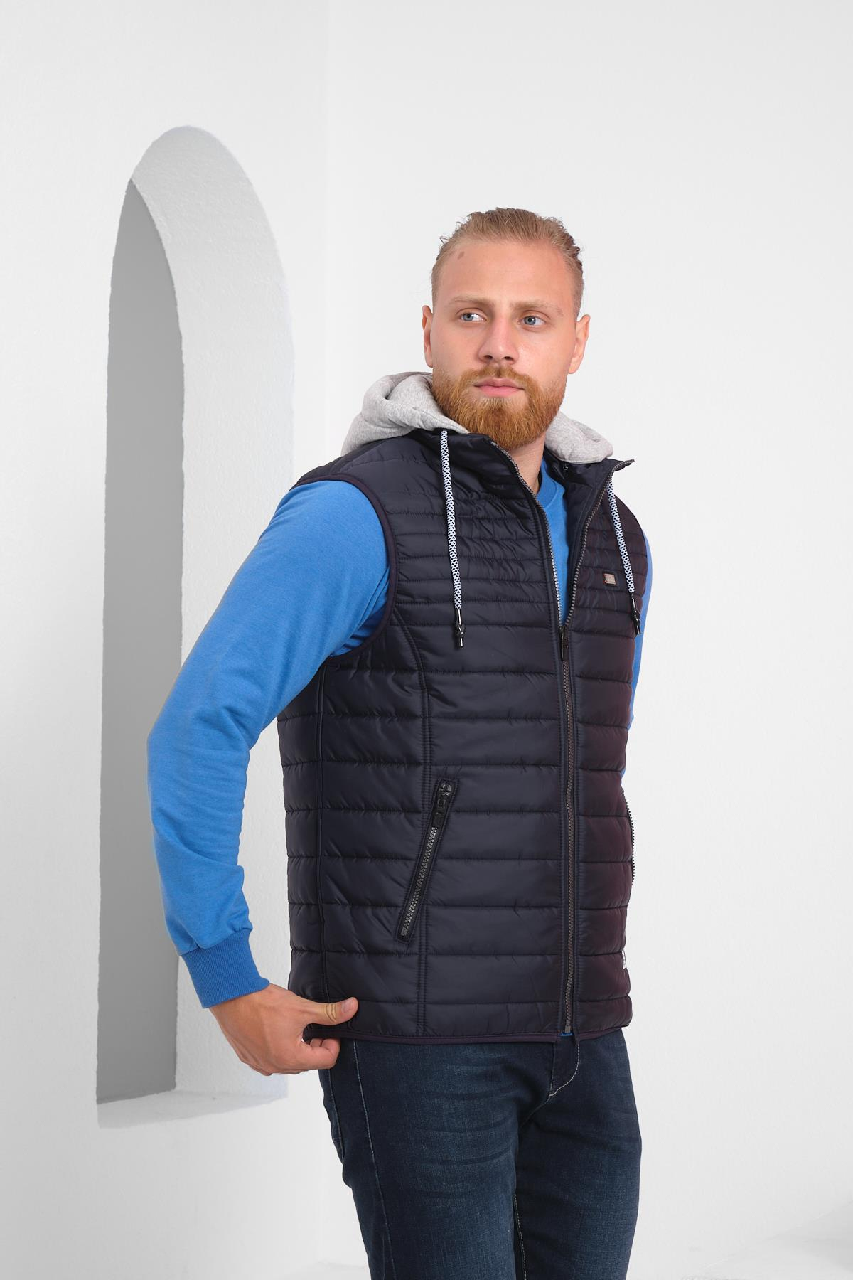 Wholesale Navy Detachable Hood Jersey Lined Puffer Vest 3515L