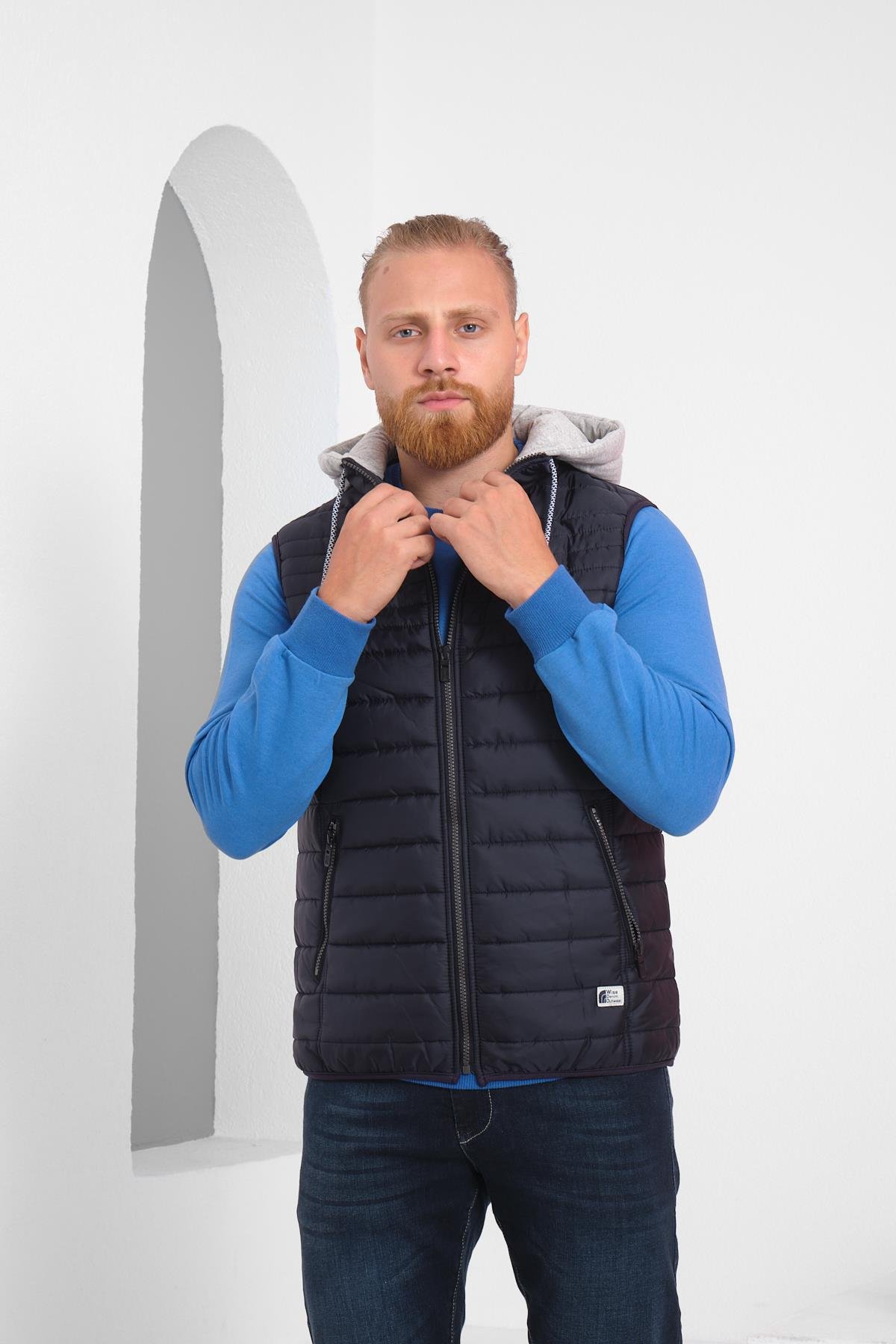 Wholesale Navy Detachable Hood Jersey Lined Puffer Vest 3515L