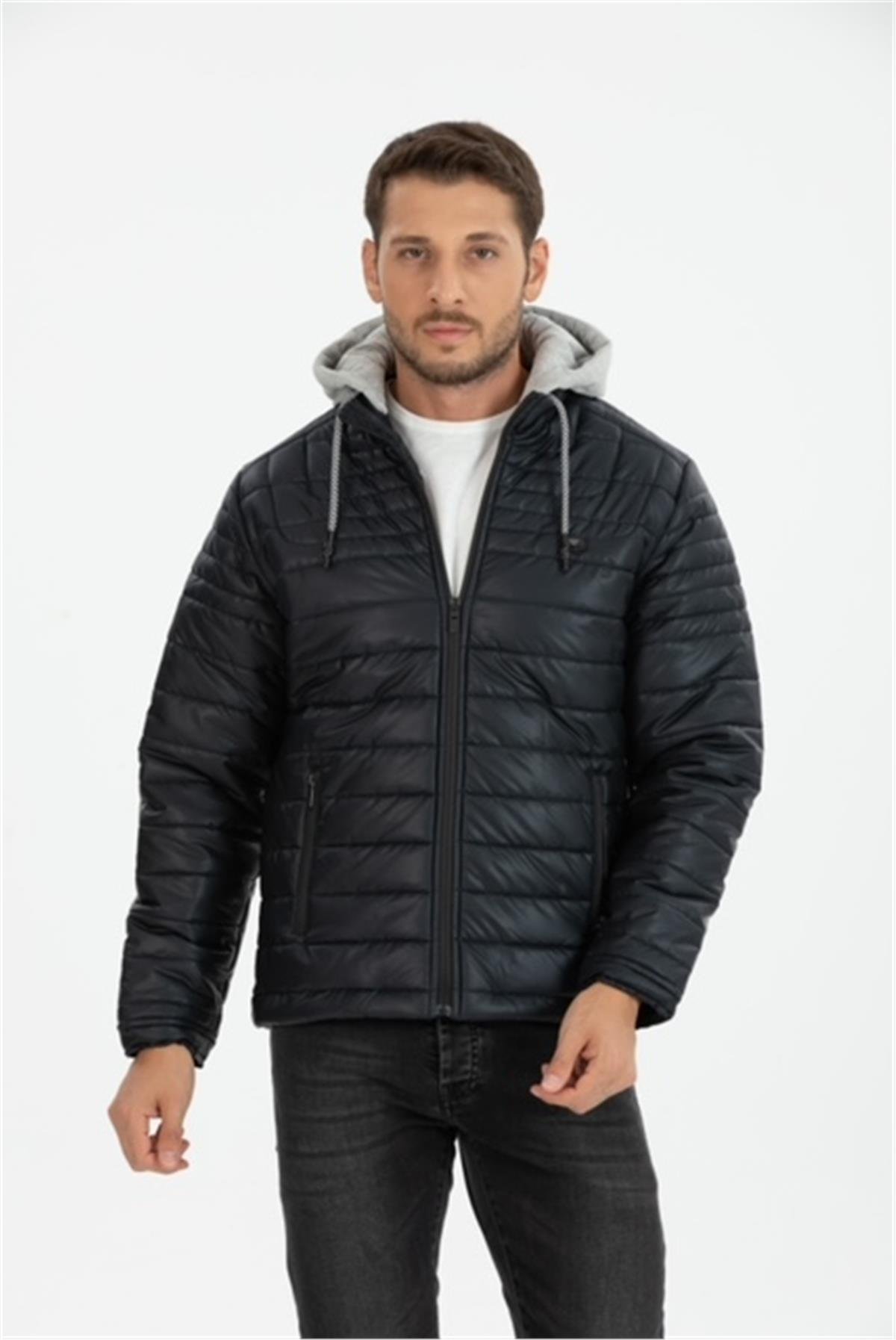 Wholesale Navy Faux Leather Hooded Puffer Jacket 3036L