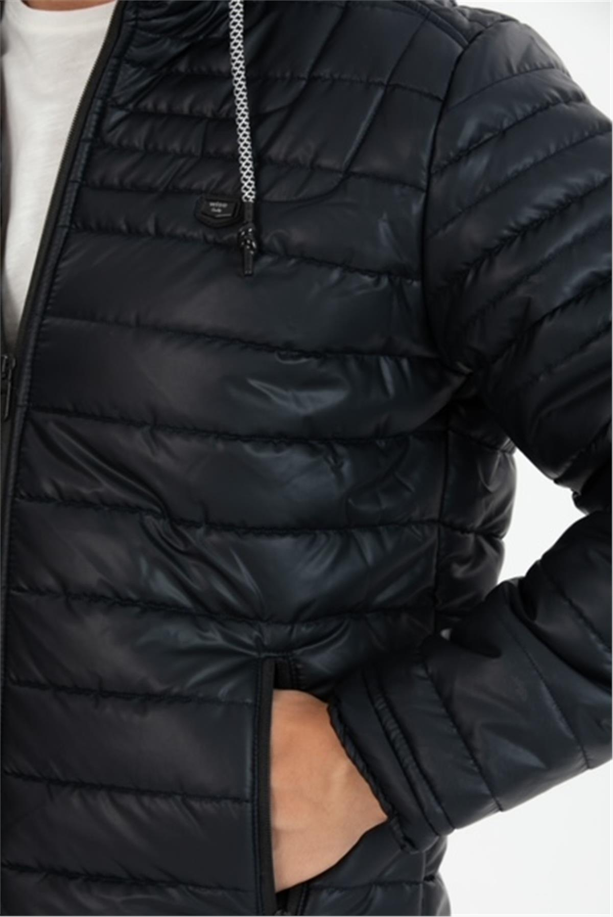 Wholesale Navy Faux Leather Hooded Puffer Jacket 3036L